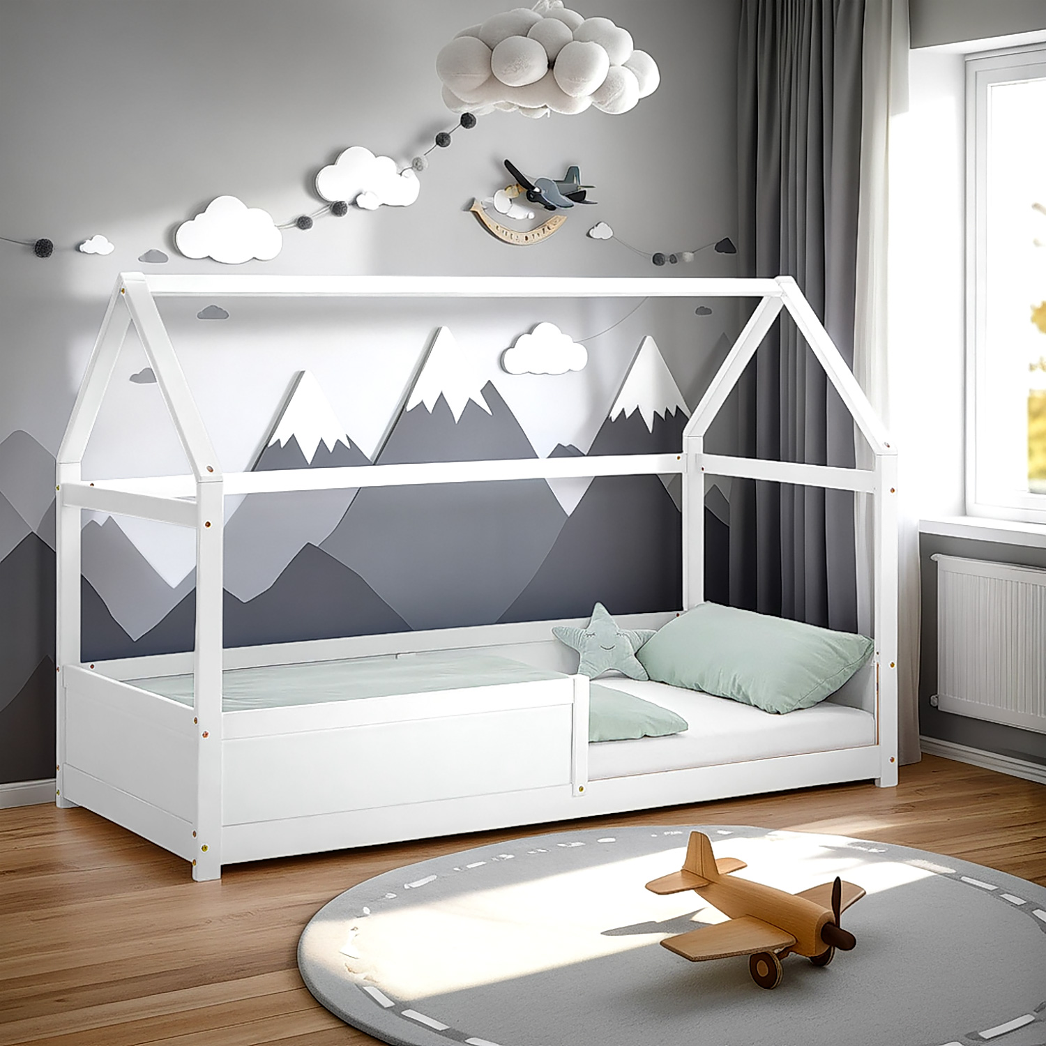 Children's Bed 90x200 cm White | House Bed with Fall Protection | Montessori | Single Bed | with Slatted Frame | Wood