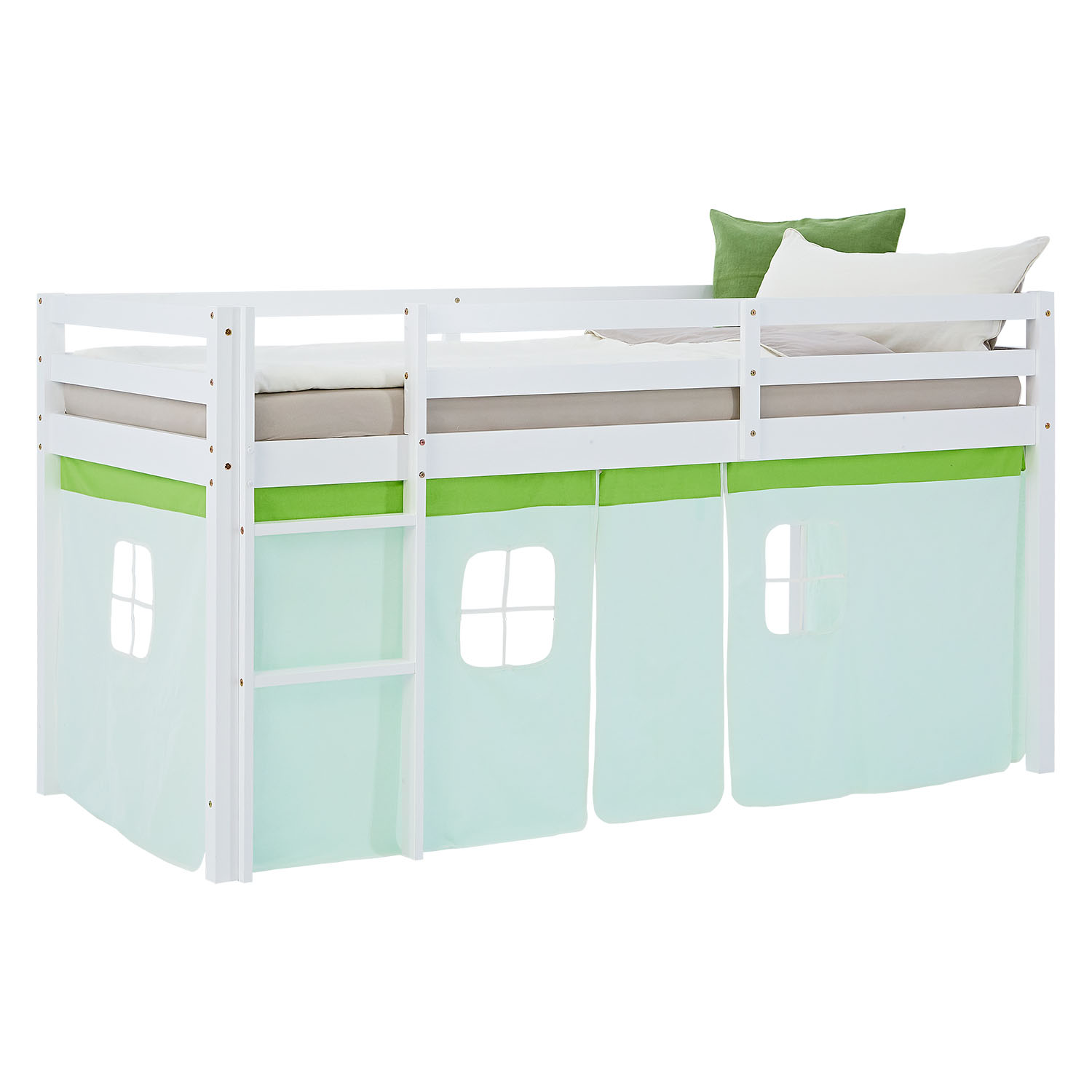 Children's loft bed, 90x200 cm, white with green curtain | without slatted frame