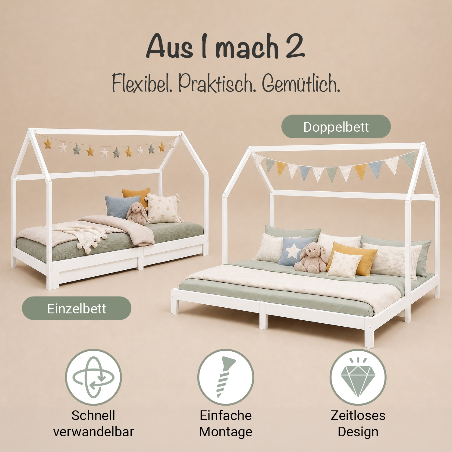 Children's Bed with Pull Out Bed 2 Mattresses 90x200 cm House Bed Treehouse Bed Children's Single Bed Wooden Frame White Trundle Bed Slats