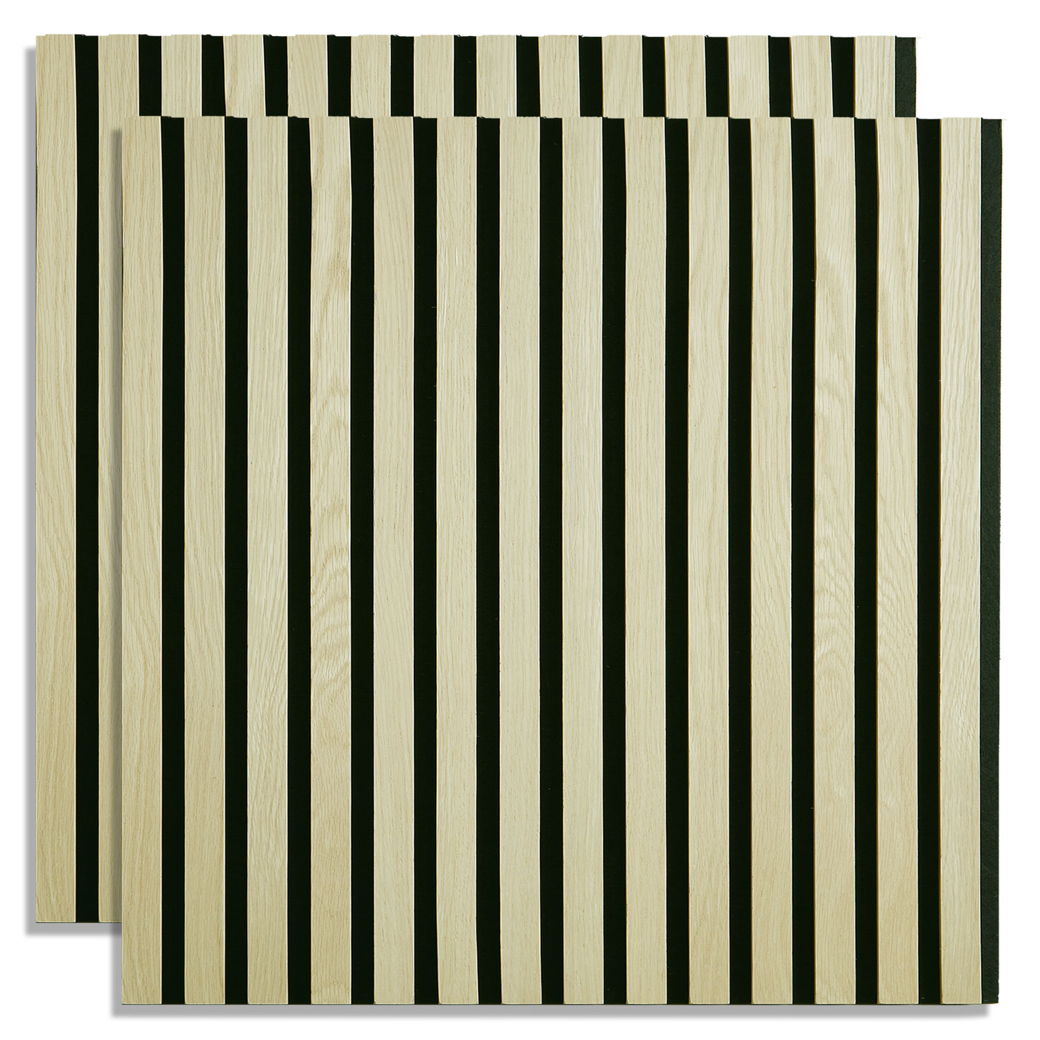 Akustikpaneele in Creme mit Holzelementen. Die vertikalen Paneele verlaufen hinter einem dunklen Konsolentisch an der Wand. Zwei gerahmte Linienzeichnungen und eine dunkle Vase mit Zweigen ergänzen die Einrichtung.