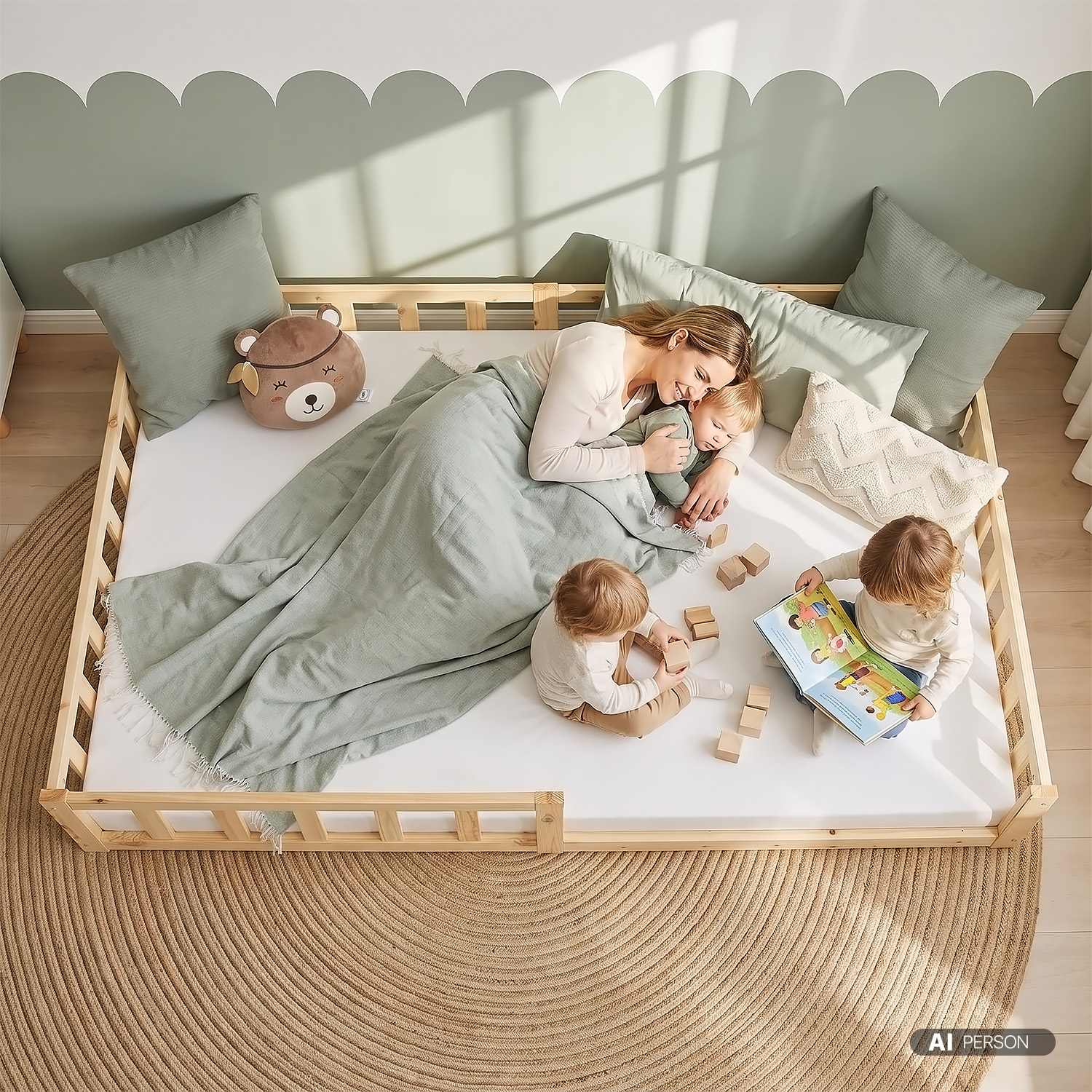Montessori Crib 120x200 cm Natural, Includes Mattress & Slatted Base – Floor-Level Crib with Safety Rails Made of Solid Wood