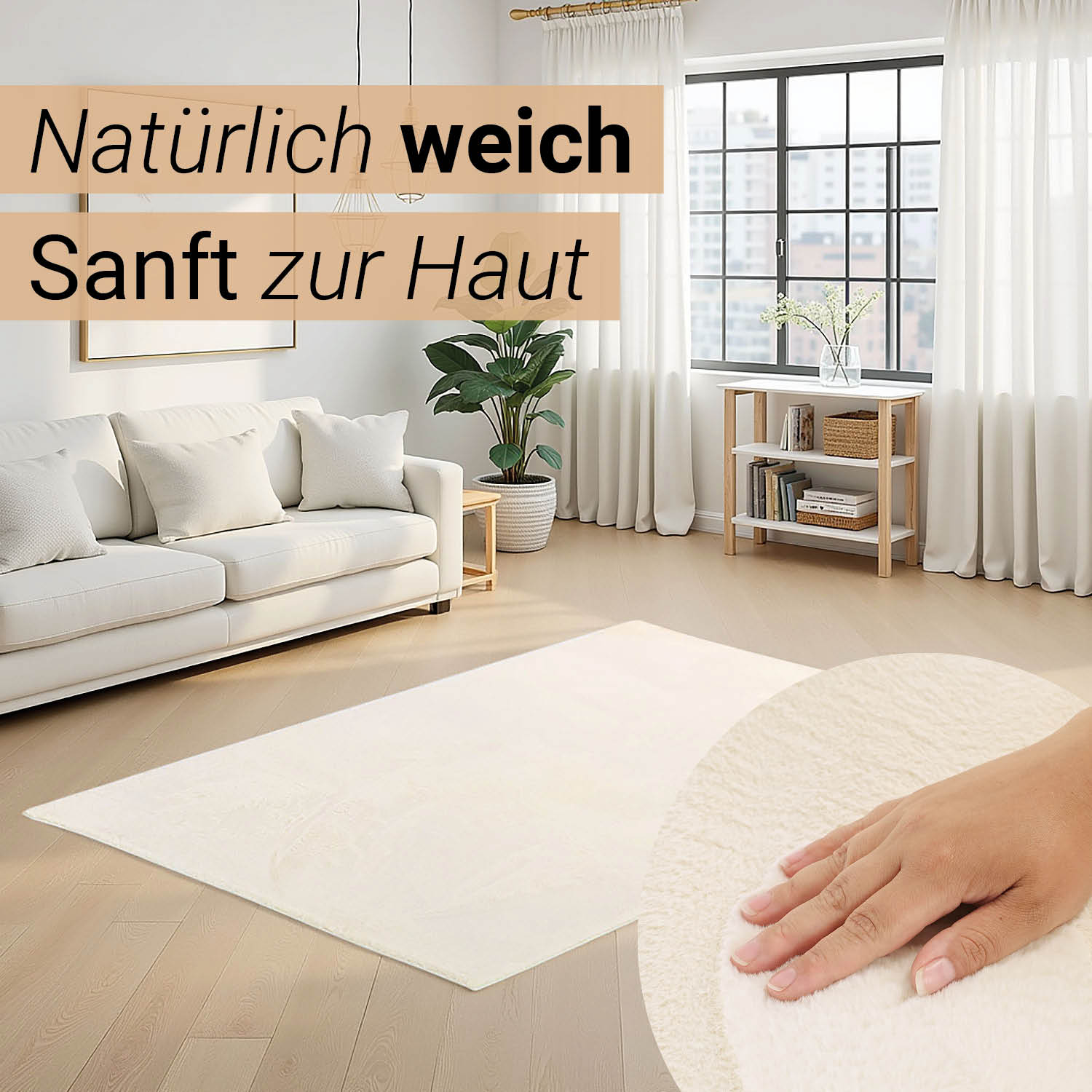 Soft Beige Rug 160x230 cm – Modern Short Pile Living Room Rug – Non Slip Bedroom Carpet – Washable Fluffy Area Rug