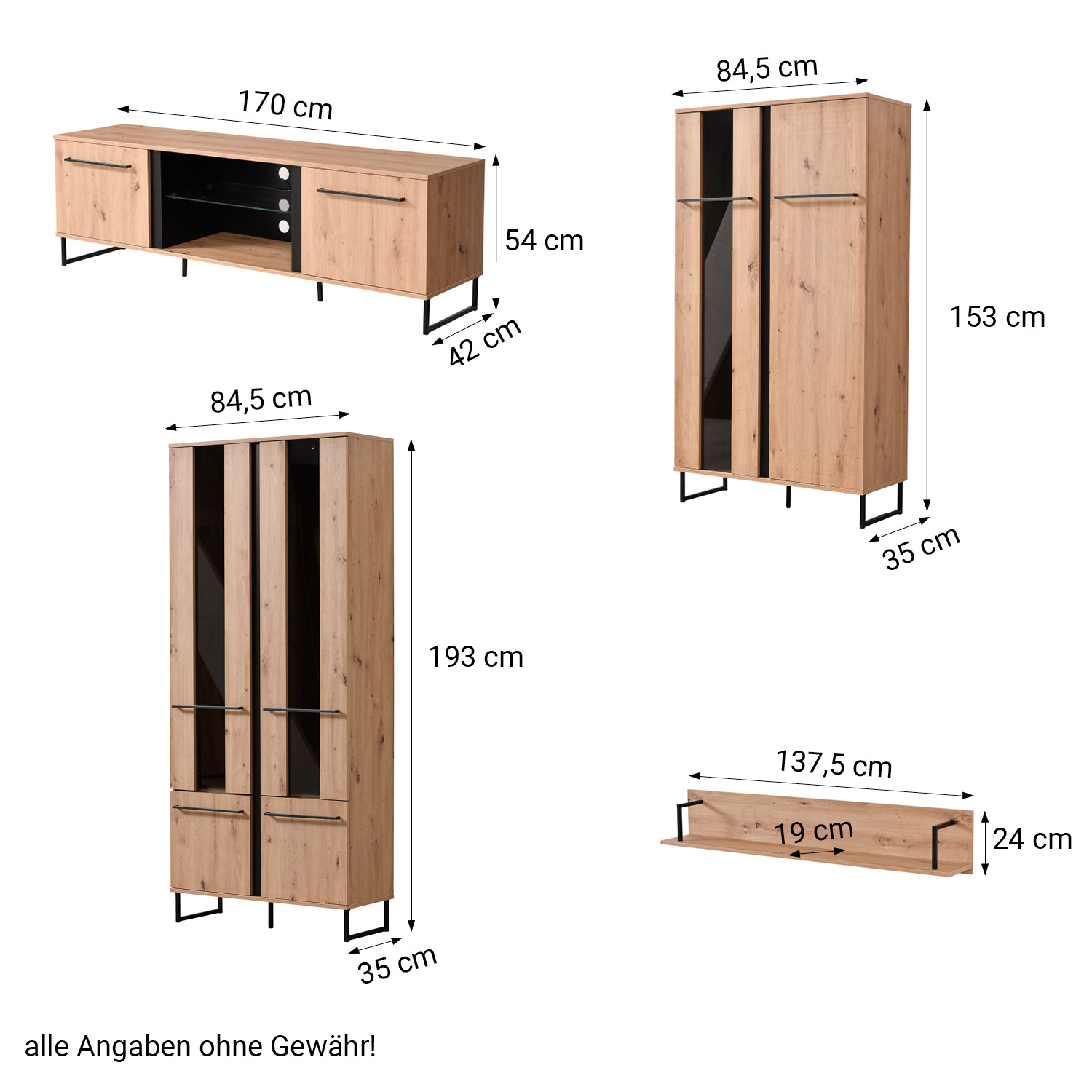 Wohnwand Schrankwand Anbauwand Wohnzimmer-Set Modern Eiche Holz Industrial Style