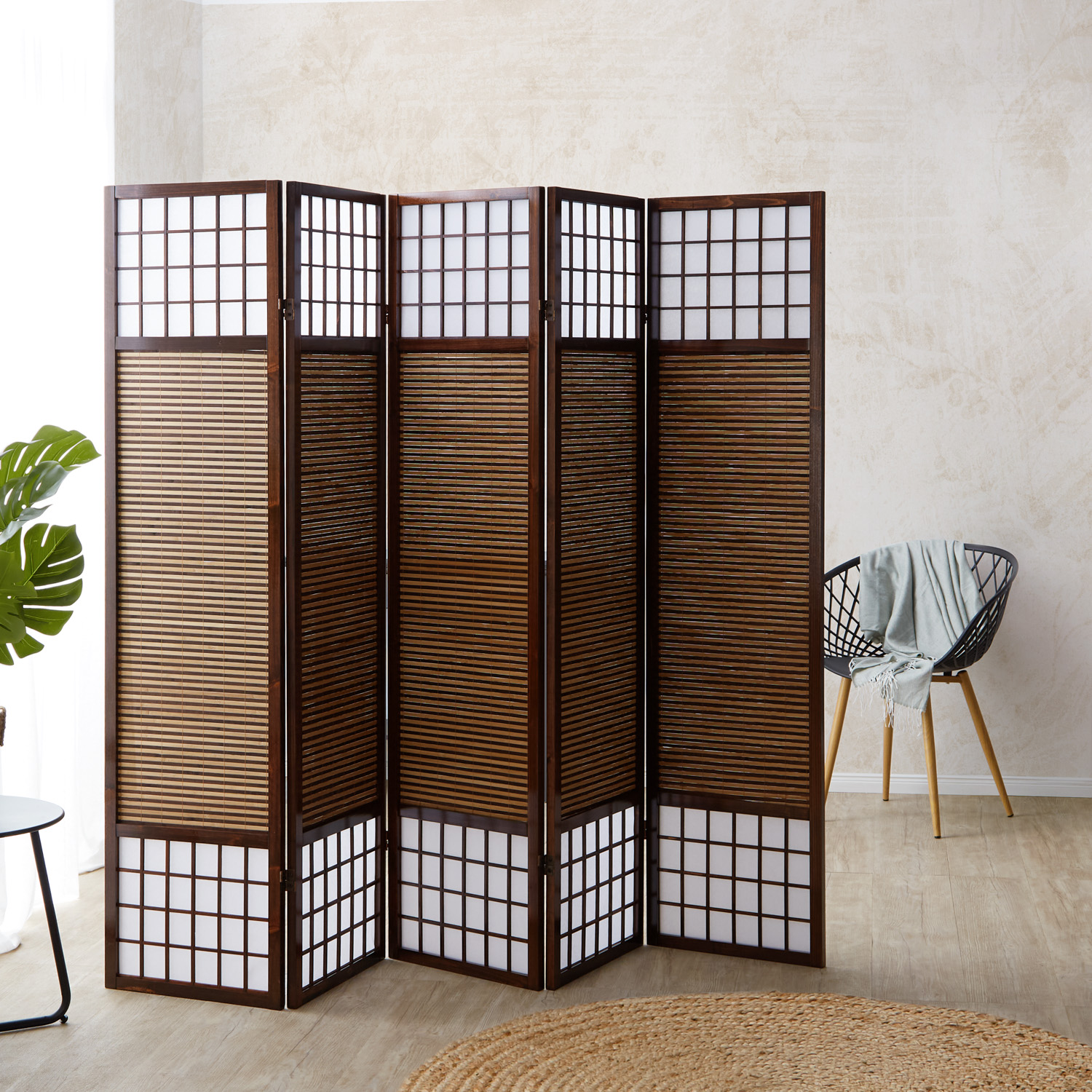 Paravent Brown Bamboo Shoji Rice Paper White | 3-panel | Wood | Room Divider Partition Privacy Screen