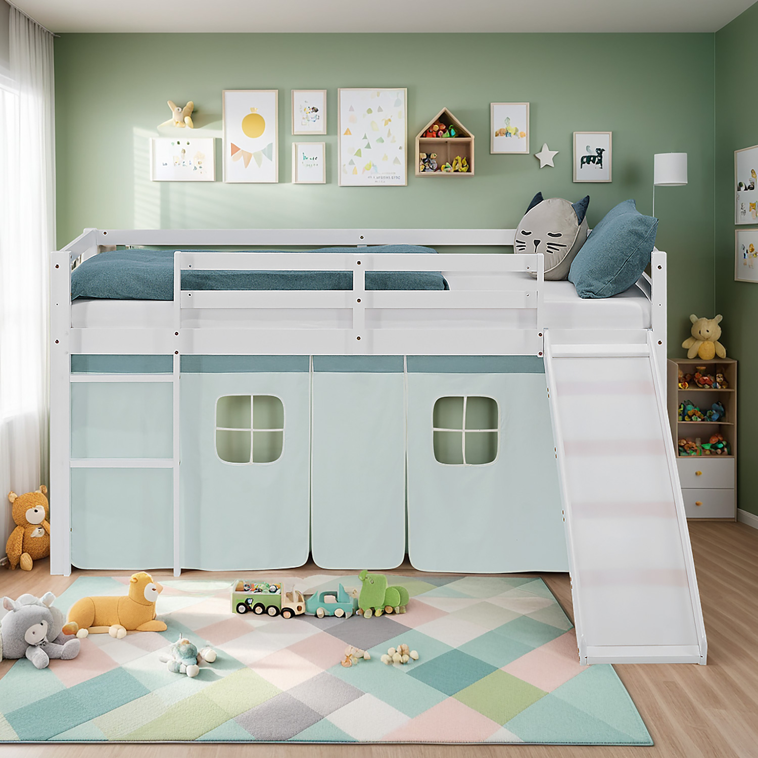 Loft Bed for Kids 90x200 cm White with Curtain in Mint Green | Slide | with Slatted Frame and Mattress