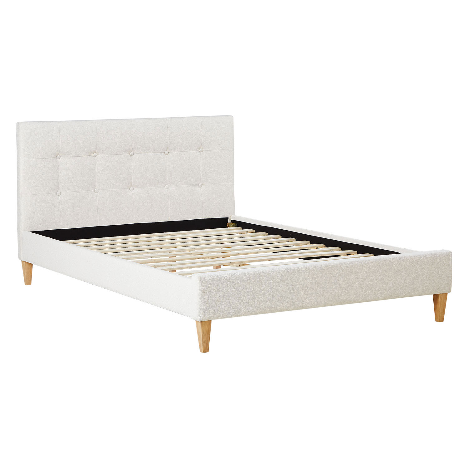 Small Double Bed 140x200 cm with Mattress Bouclé Beige Upholstered Bed with Slatted Frame Fabric Bed Frame