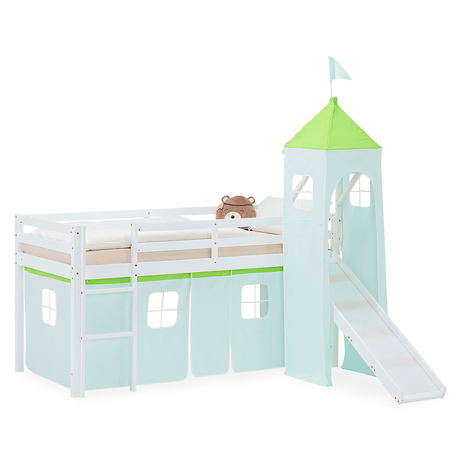Loft Bed for Kids 90x200 cm White with Curtain in Green | Slide | Tower | without Slatted Frame