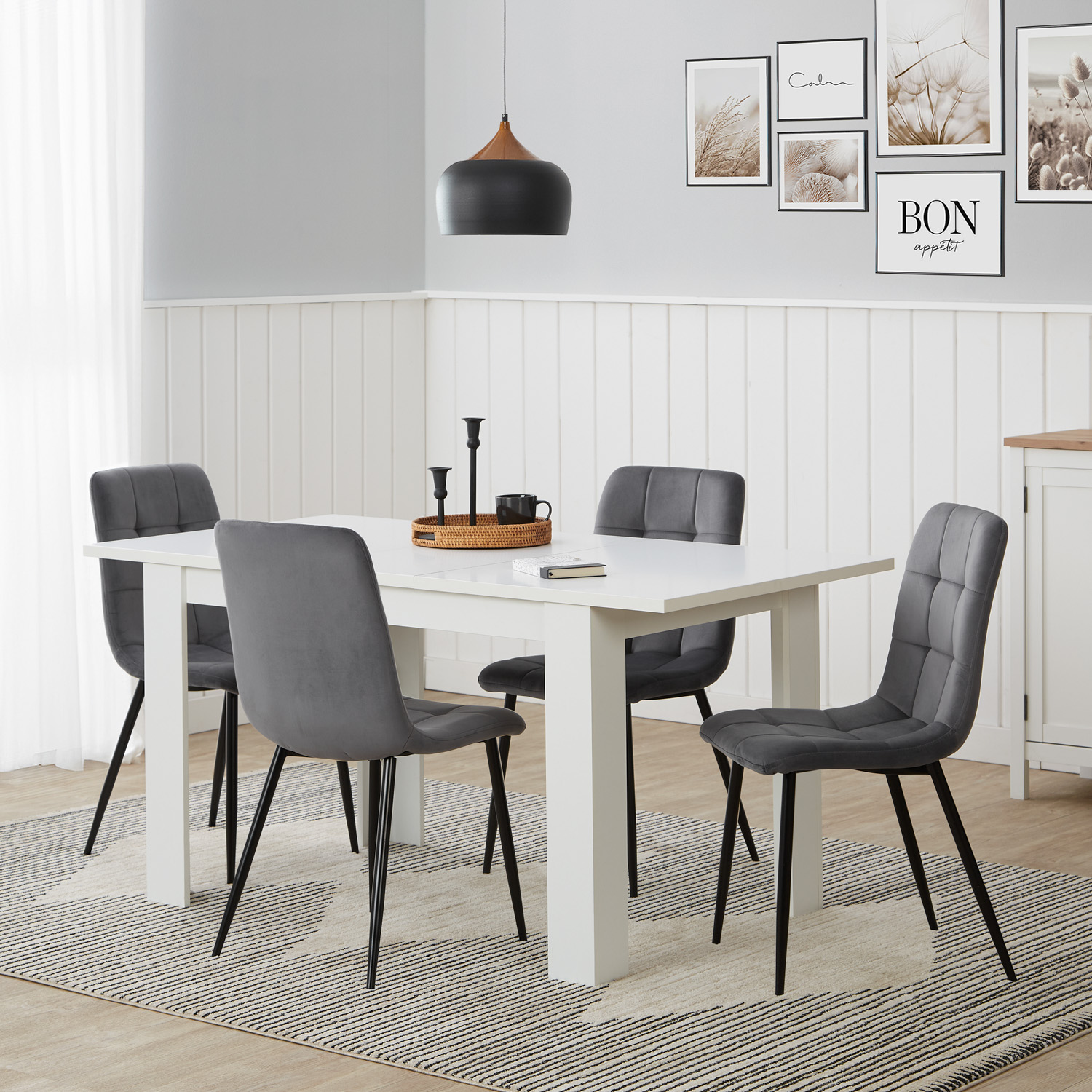 Essgruppe Weiß 120–153 cm mit 4 grauen Samtstühlen – ausziehbar & modern