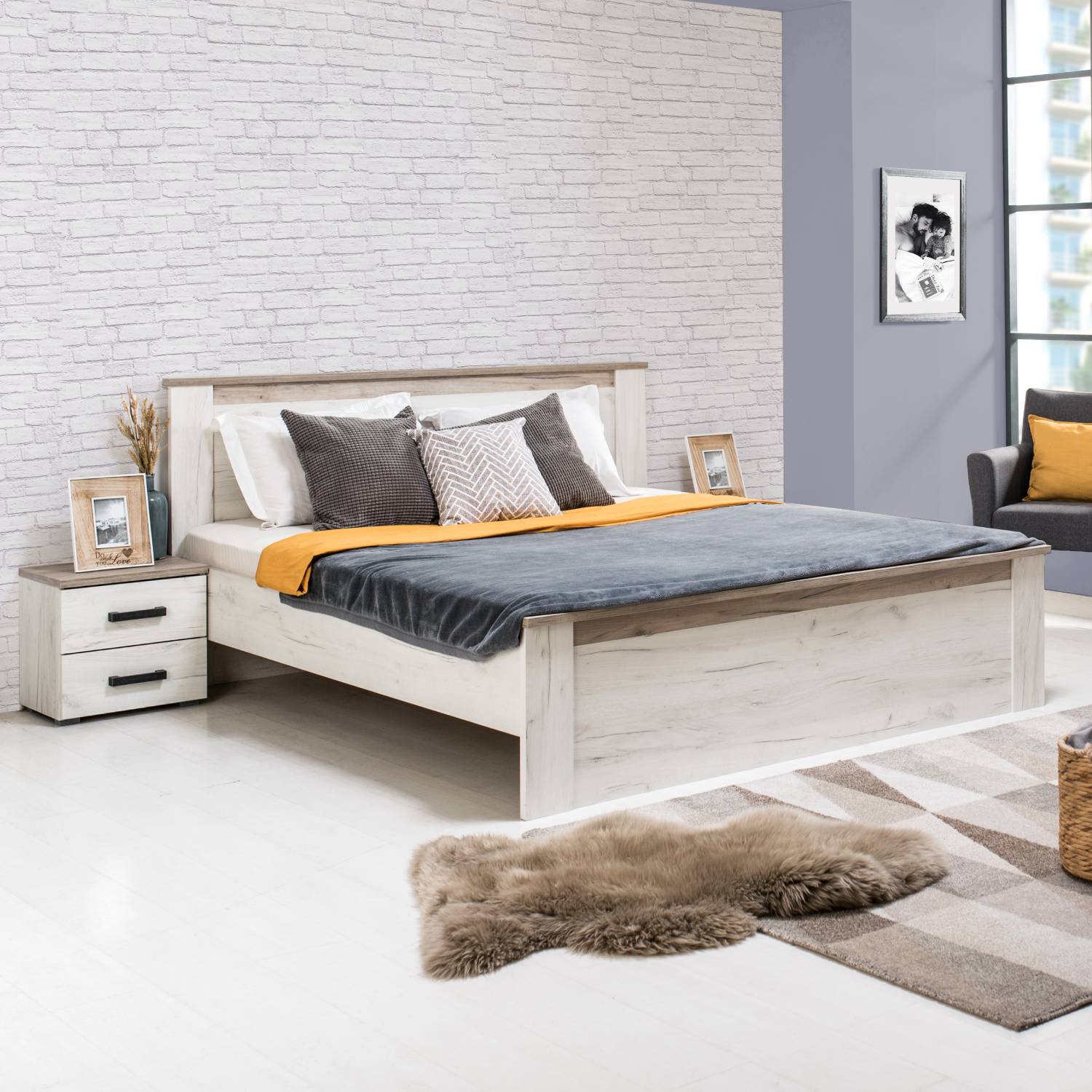 Wooden Double Queen Size Bed Frame 160x200 cm with Slats Oak White Grey Vintage