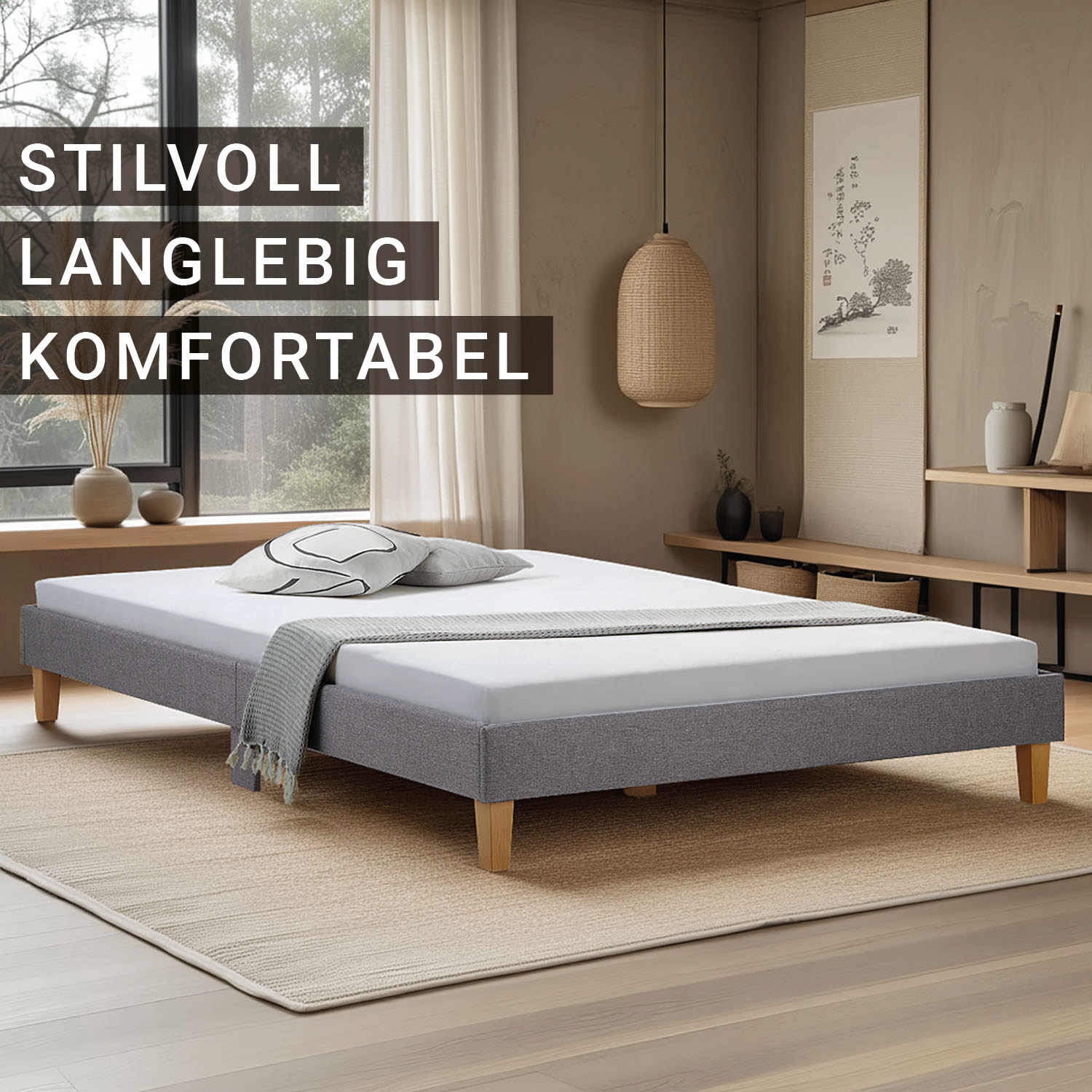 Upholstered Bed 160x200 cm Gray – Modern Futon Bed with Slatted Base | Minimalist Double Fabric Bed