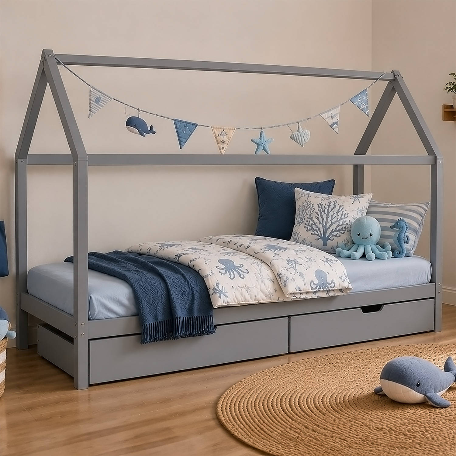 Childrens Bed with Mattress House Bed Frame For Kids 90x200 cm Grey With Drawers