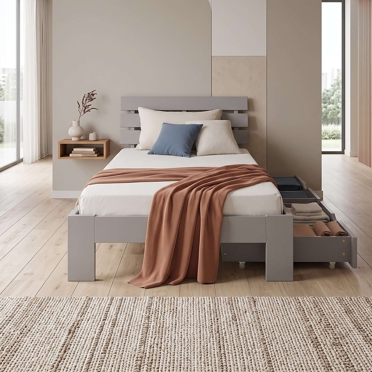 Wooden Bed 90x200 cm Gray | Single Bed with Storage | With Slatted Base | Solid Wood | Children's, Teen, or Guest Bedroom
