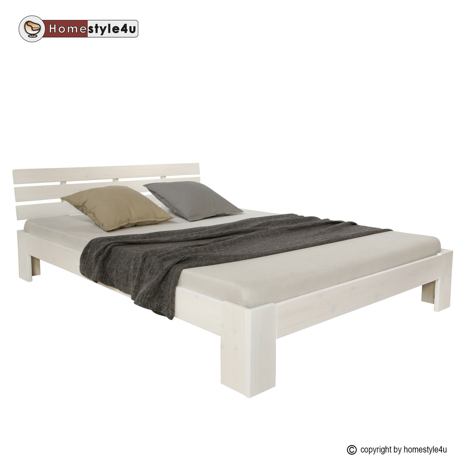 Wood Bed 160x200 cm White | Double Bed | with Slatted Frame | Solid | Kids Youth Guest Bedroom