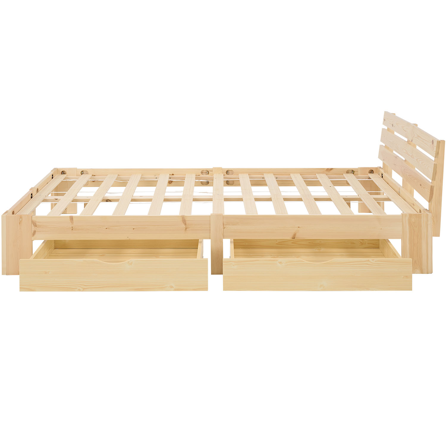 Wood Bed 160x200 cm Natural | Double Bed | with 2 Drawers | Solid | Kids Youth Guest Bedroom