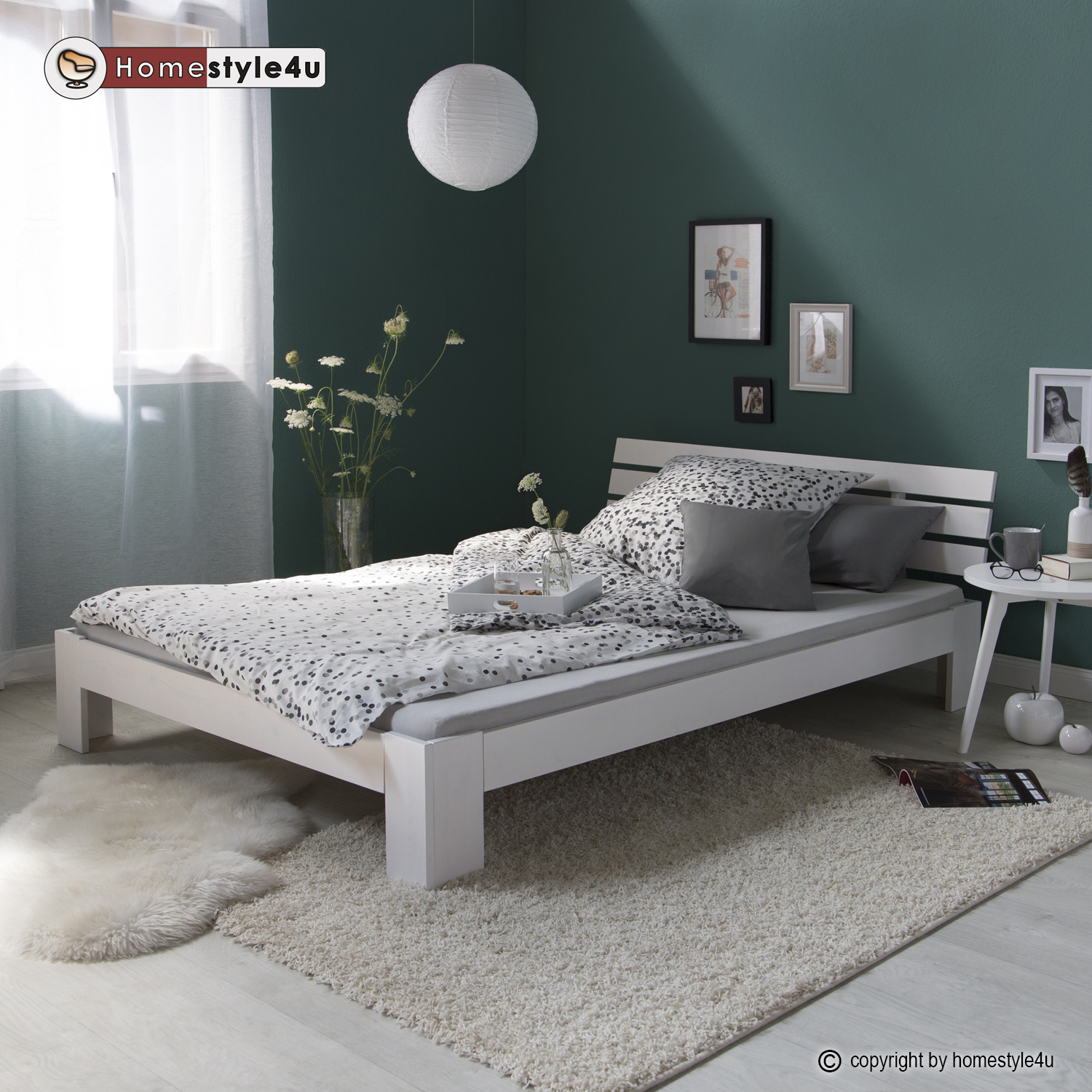 Wood Bed 160x200 cm White | Double Bed | with Slatted Frame | Solid | Kids Youth Guest Bedroom
