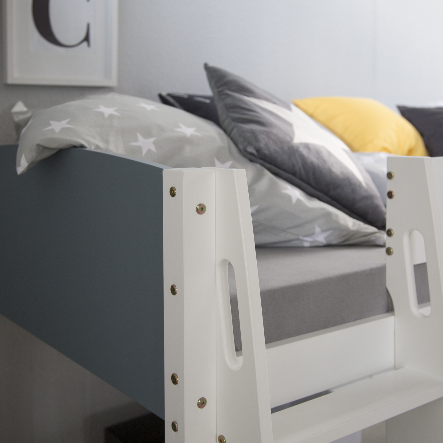 Loft Bed Kids 90x200 cm White | Modern Ladder | without Slatted Frame
