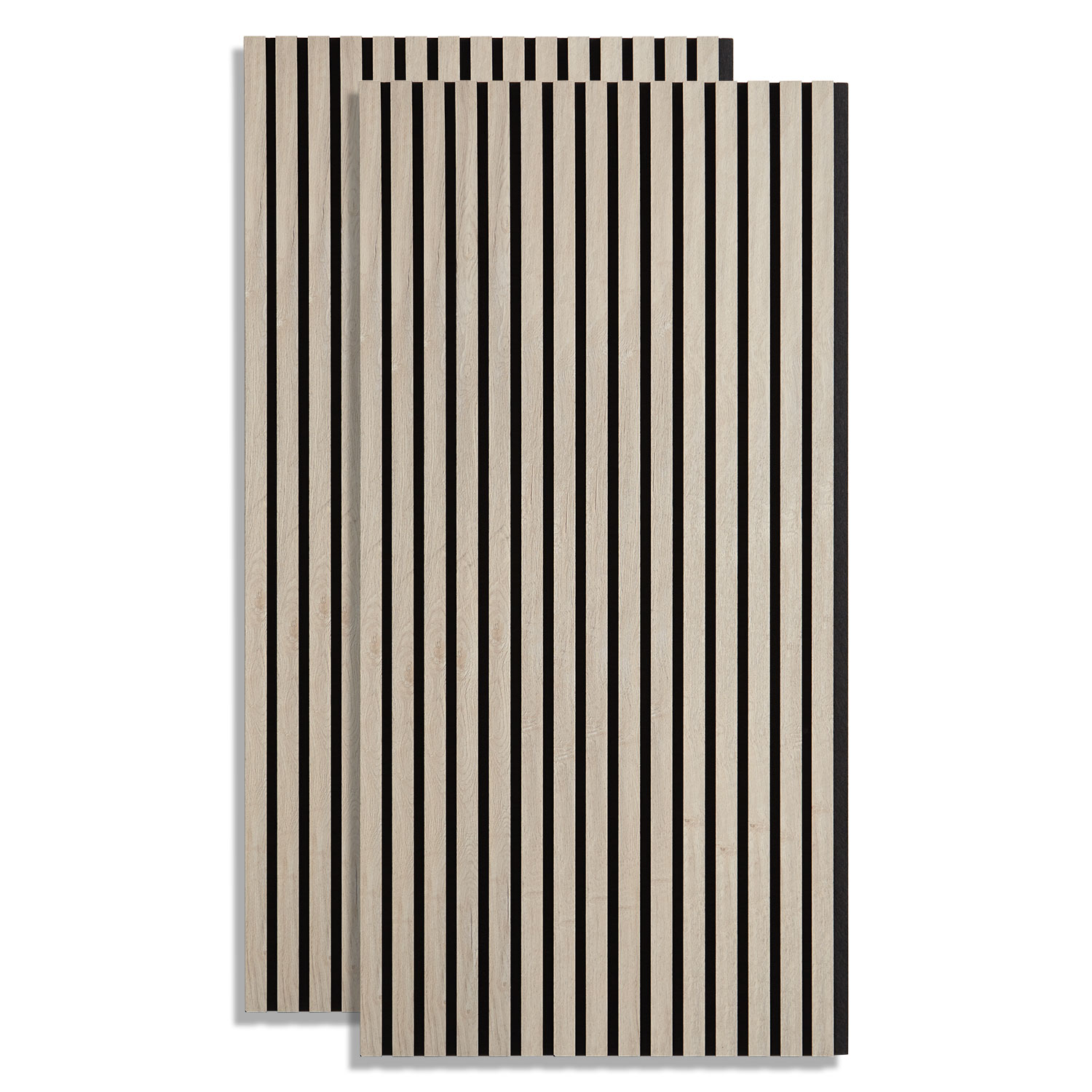 Akustikpaneele in Grau mit Holzelementen. Die vertikalen Paneele verlaufen hinter einem dunklen Konsolentisch an der Wand. Zwei gerahmte Linienzeichnungen und eine dunkle Vase mit Zweigen ergänzen die Einrichtung.