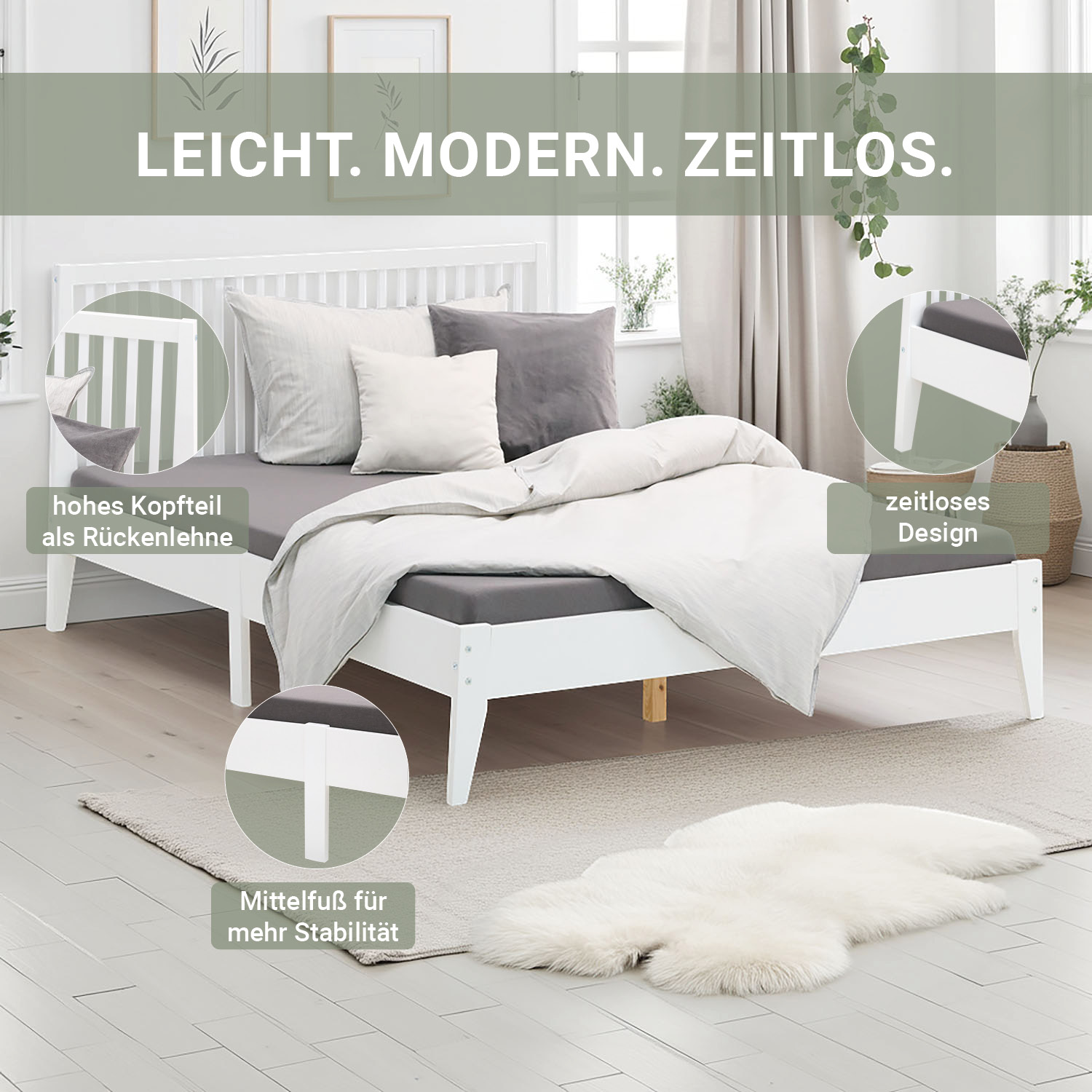 Wooden Bed 140x200 cm White – Scandinavian-Style Double Bed with Slatted Base for Teenagers' & Bedrooms