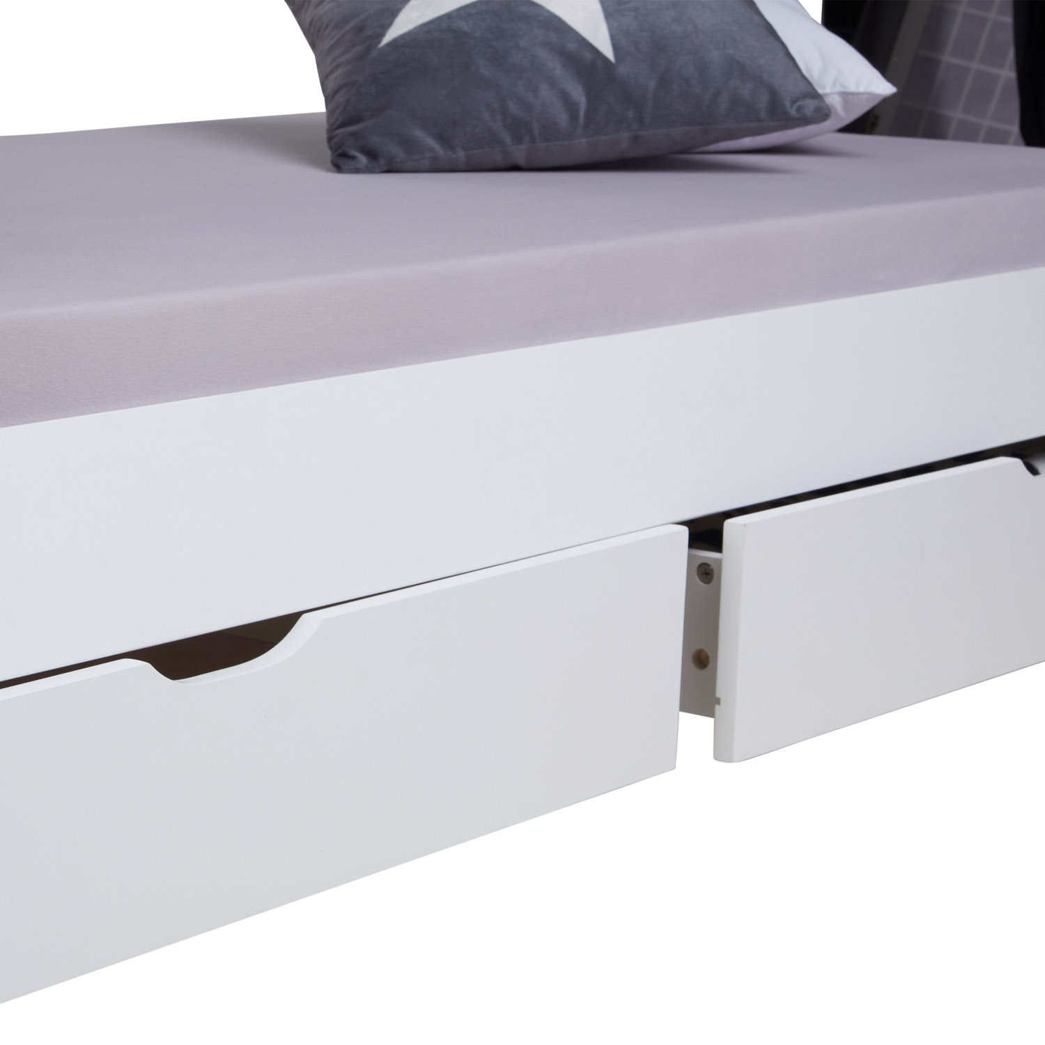 Children's Bed 90x200 cm White Gray Fabric | Tent Bed with Drawers | Single Bed | with Slatted Frame | Wood