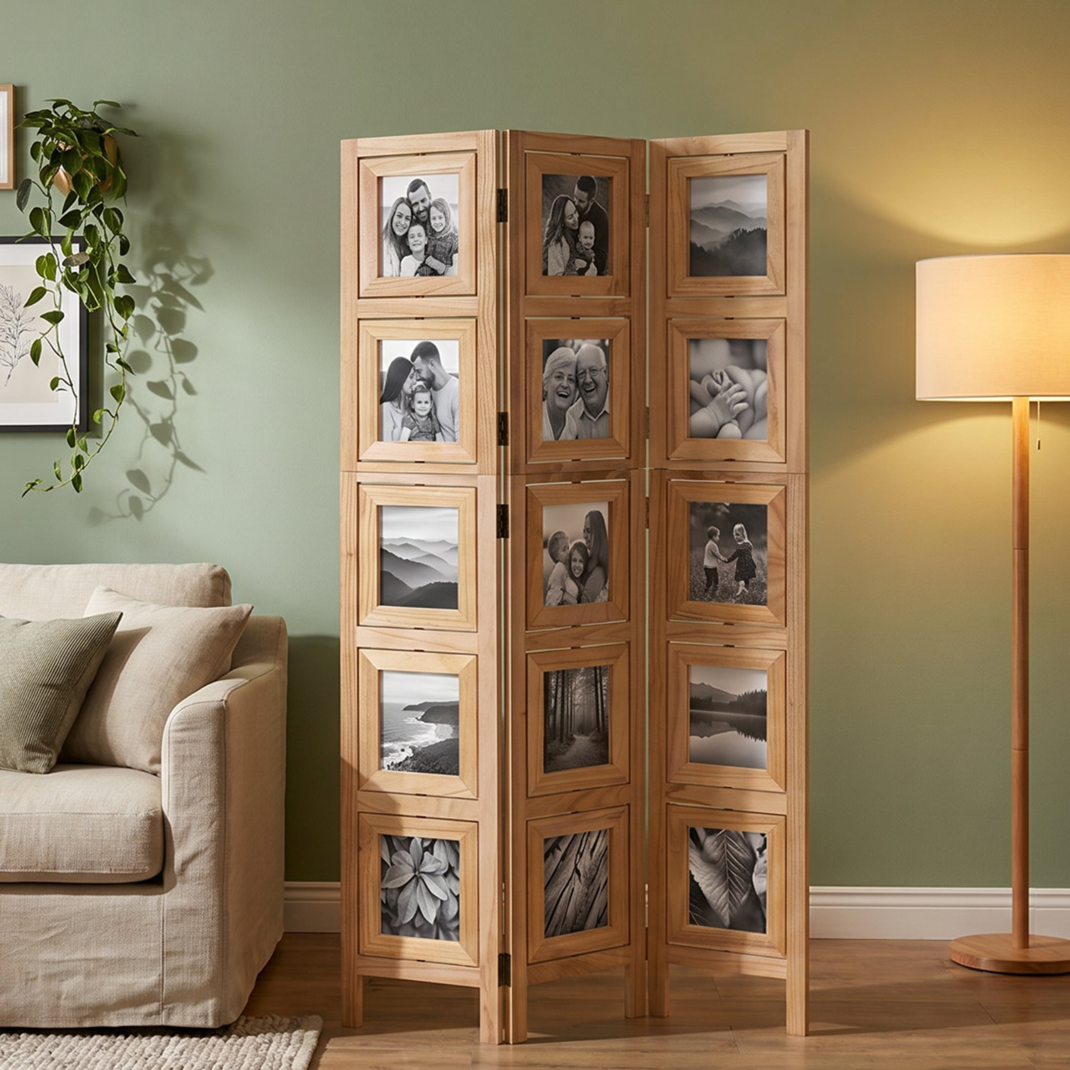 3-Panel "Nature" Folding Screen with Photos – Wooden Room Divider as a Photo Display
