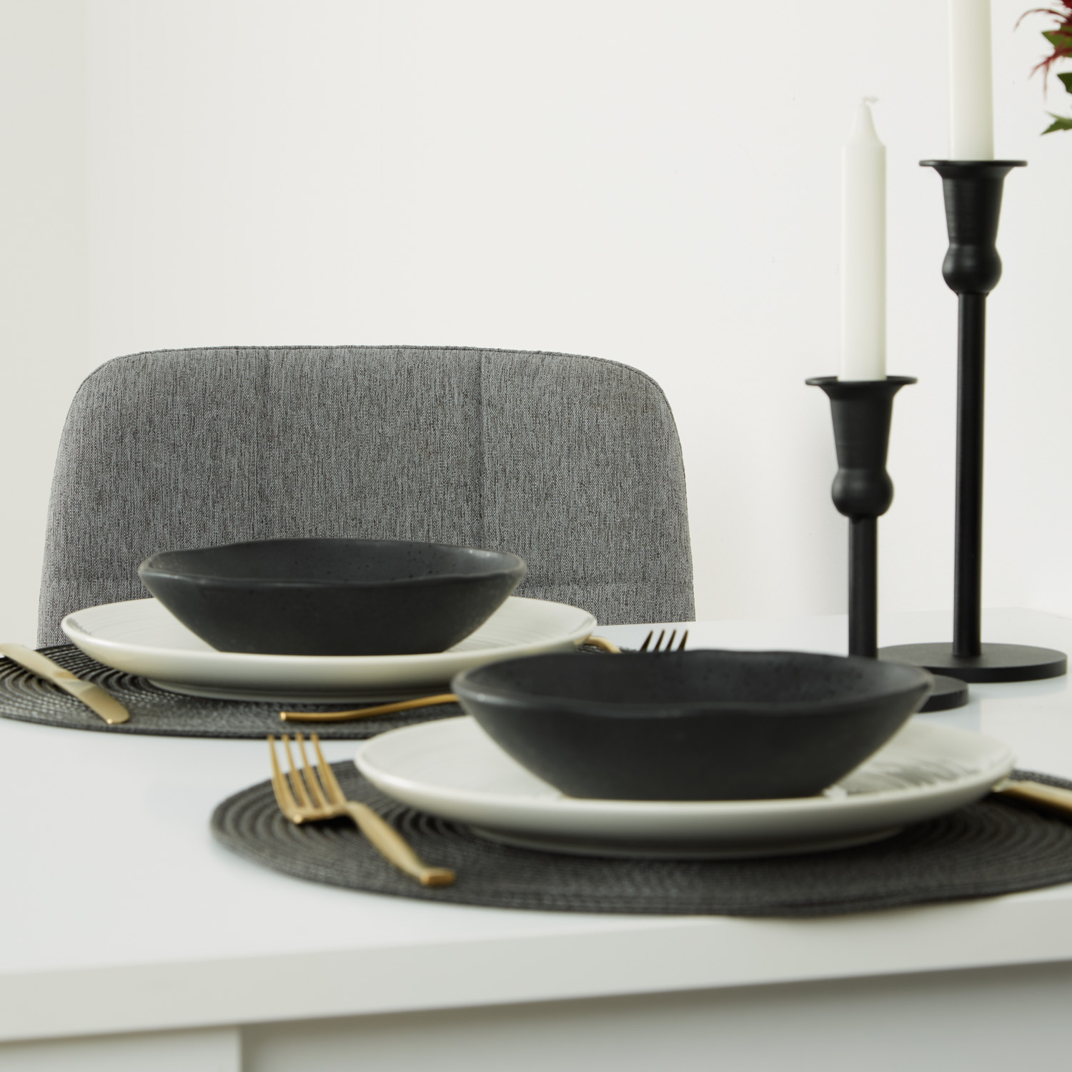 White 80x80 cm dining set + 2 gray upholstered chairs without armrests – Modern & space-saving