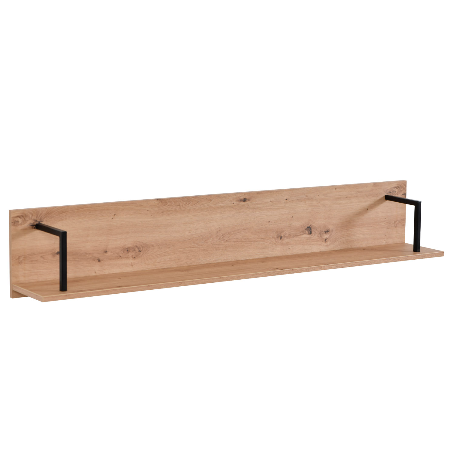 Wandregal in Schwarz und Naturholzfarbe mit Holzelementen, Metallelementen und Gestaltung im Industrial-Stil. Das naturfarbene Wandregal mit schwarzen Metallbügeln hängt über einem Fernseher und einem passenden TV-Board. Bücher und Bilder stehen auf der A