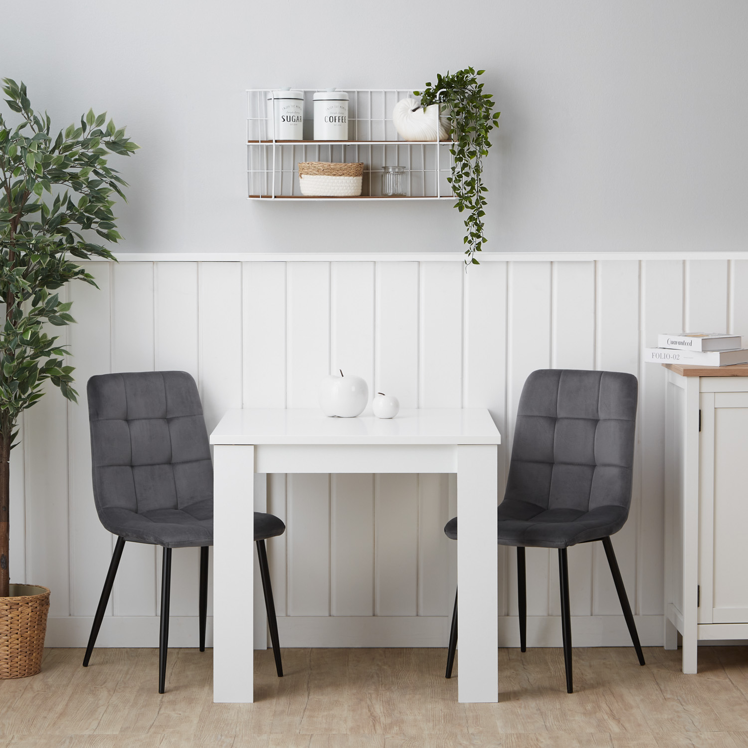 Dining Set (3-Piece) – White 80×80 Table & Gray Velvet Chairs with Black Metal Legs