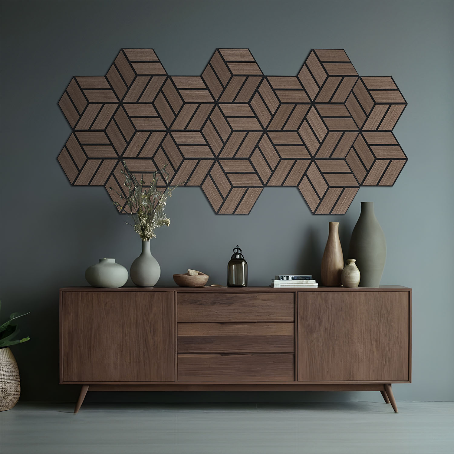 Akustikpaneele Holz 30 x 26 cm Braun Grau Natur Paneele Hexagon Wandpaneele 3D Wandpaneel Wandverkleidung Dekorpaneel