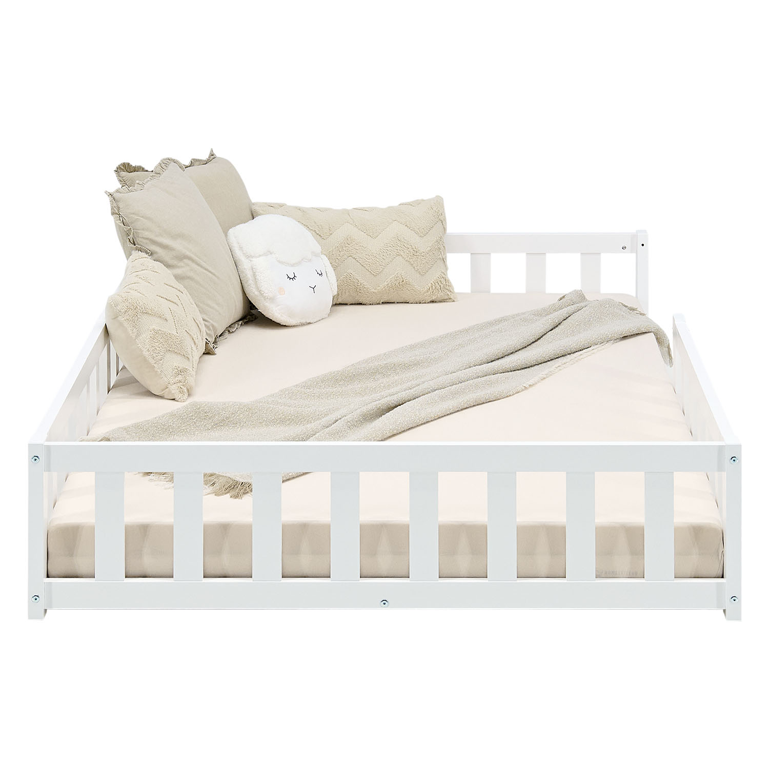 Montessori Crib 120x200 cm White, Includes Mattress & Slatted Base – Floor-Level Crib with Safety Rail Made of Solid Wood