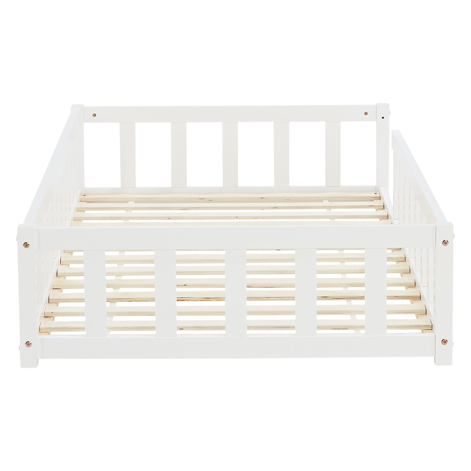 Children's Bed 90x200 White | Floor Bed with Mattress & Slatted Frame | with Fall Protection | Montessori