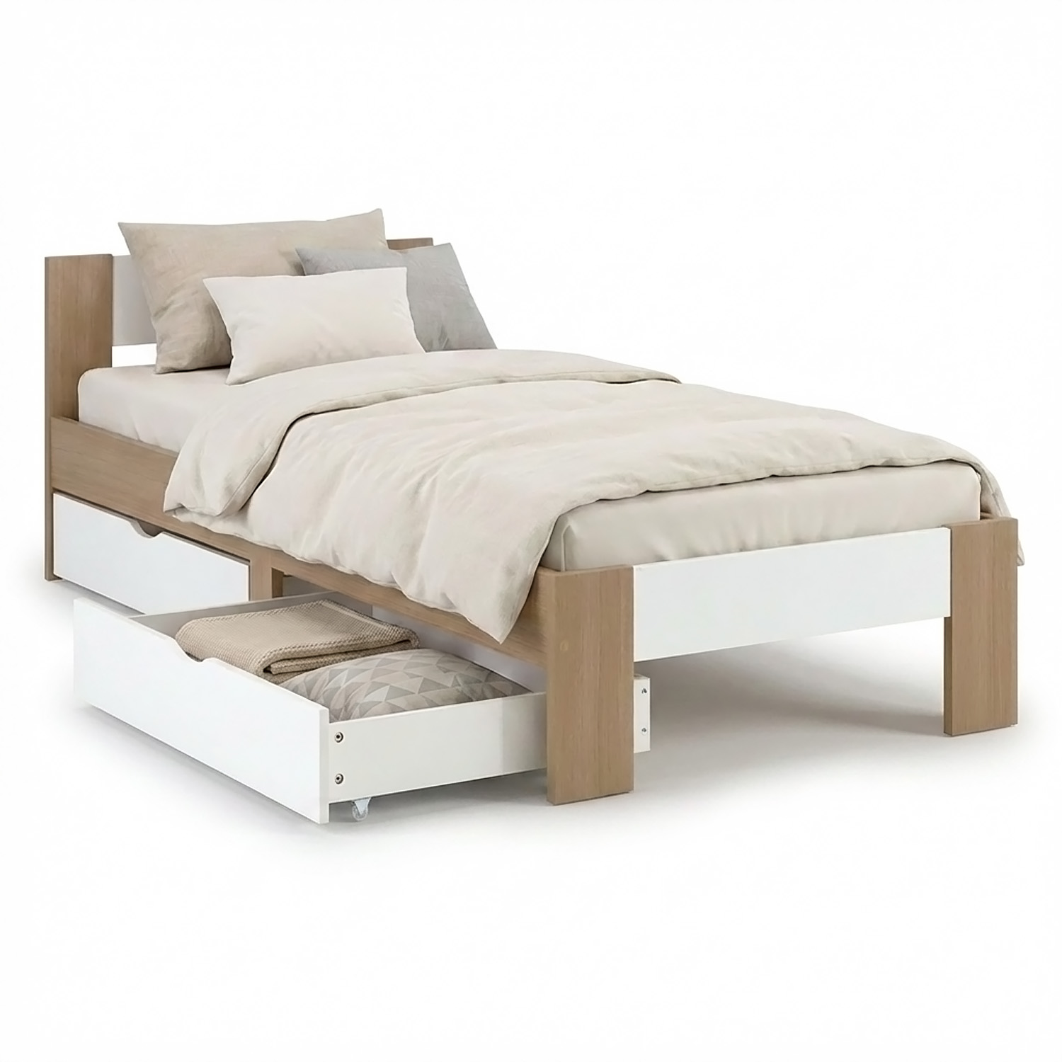 Holzbett 90x200 mit 2 Bettkästen Bett Eiche Braun Weiß Holzbett Bettgestell Jugendbett Einzelbett Matratze Lattenrost