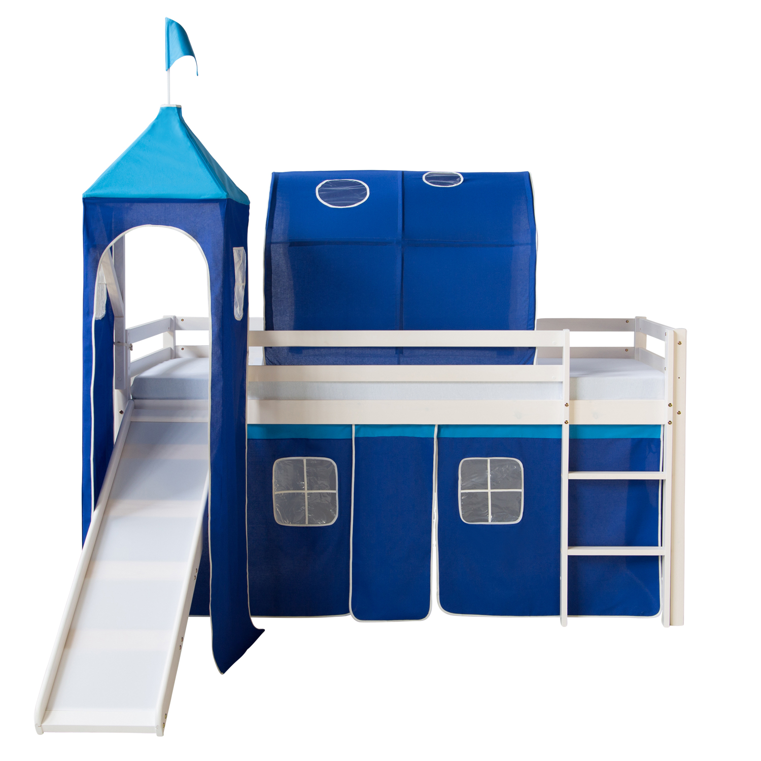 Loft Bed Kids 90x200 cm White with Curtain in Blue | Tunnel | Tower | Slide | with Slatted Frame