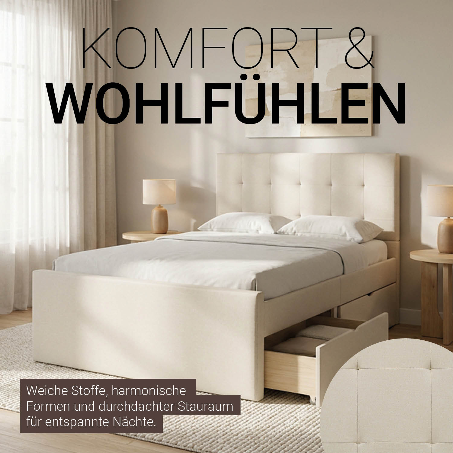 Upholstered bed 90x200 cm beige | with slatted frame | with 2 bed drawers | single fabric bed frame