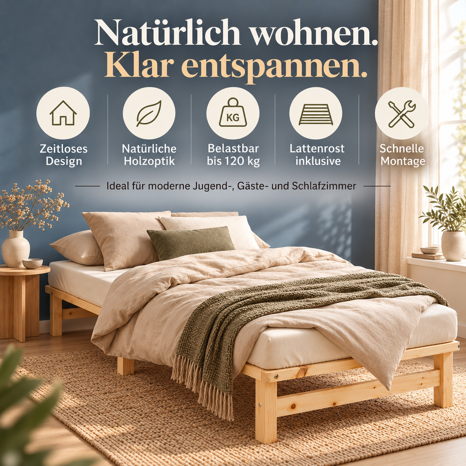 100x200 cm Natural Pallet Bed – Wooden Single Bed with Mattress & Slatted Base for Teen Rooms, Guest Rooms, and Bedrooms