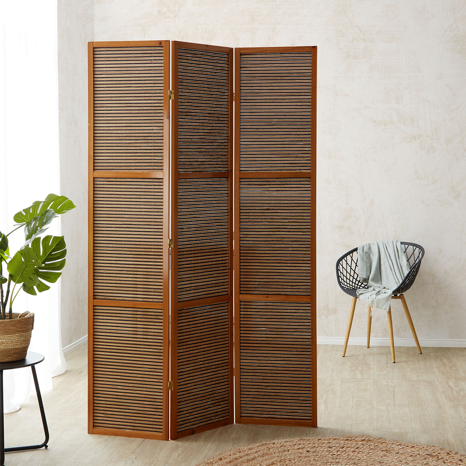 Paravent Brown Wooden Slats Height 200 cm | 3-panel | Wood | Room Divider Partition Privacy Screen