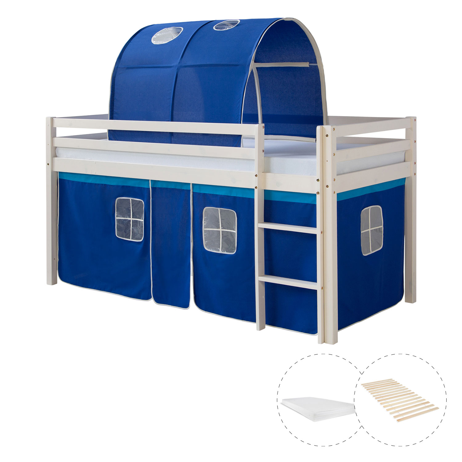 Loftbed 90x200 cm with Mattress Bunk bed Childrens bed Solid Pine Wood Slats Tunnel Curtain Blue