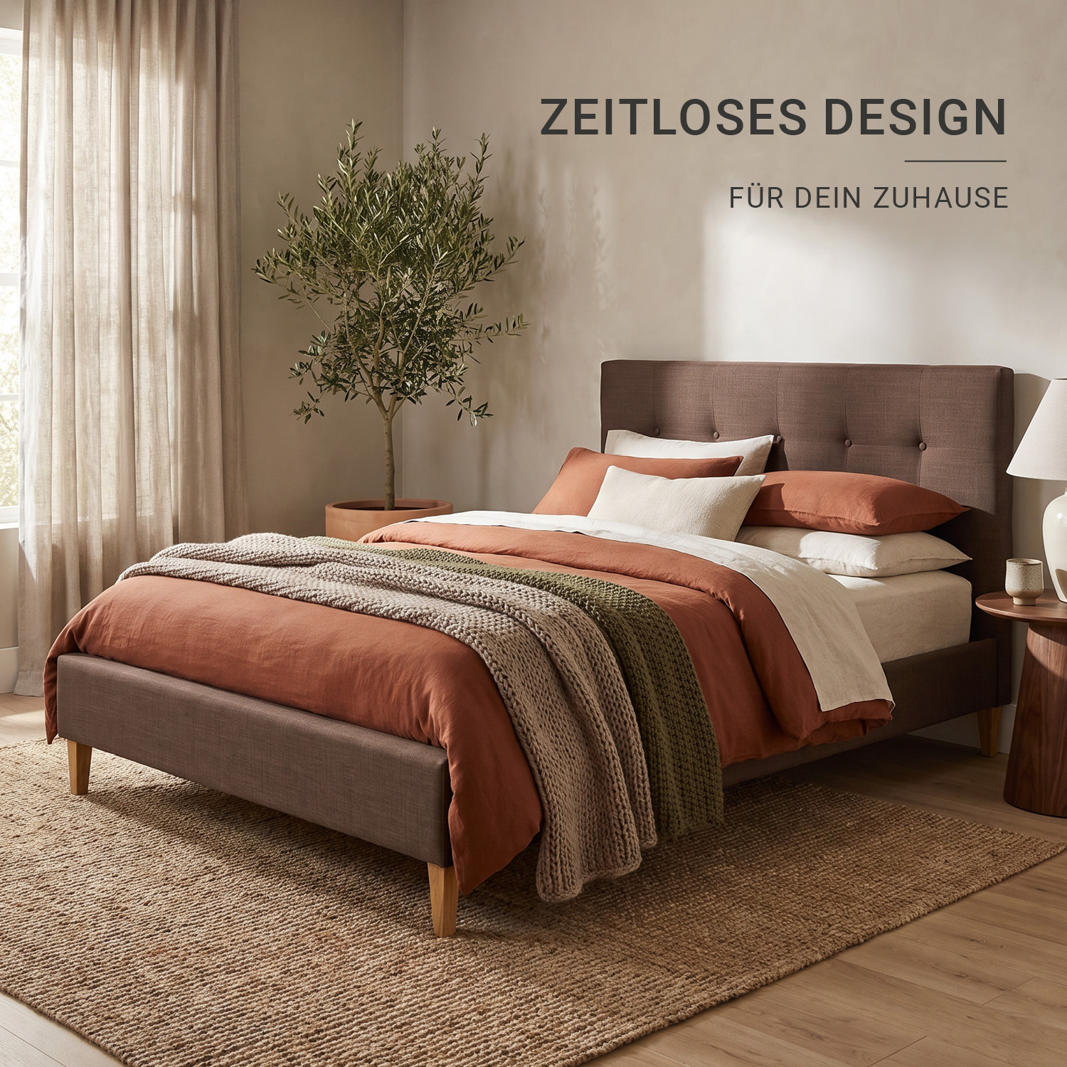 Upholstered bed 140x200 cm brown | futon bed | with slatted frame | double fabric bed frame