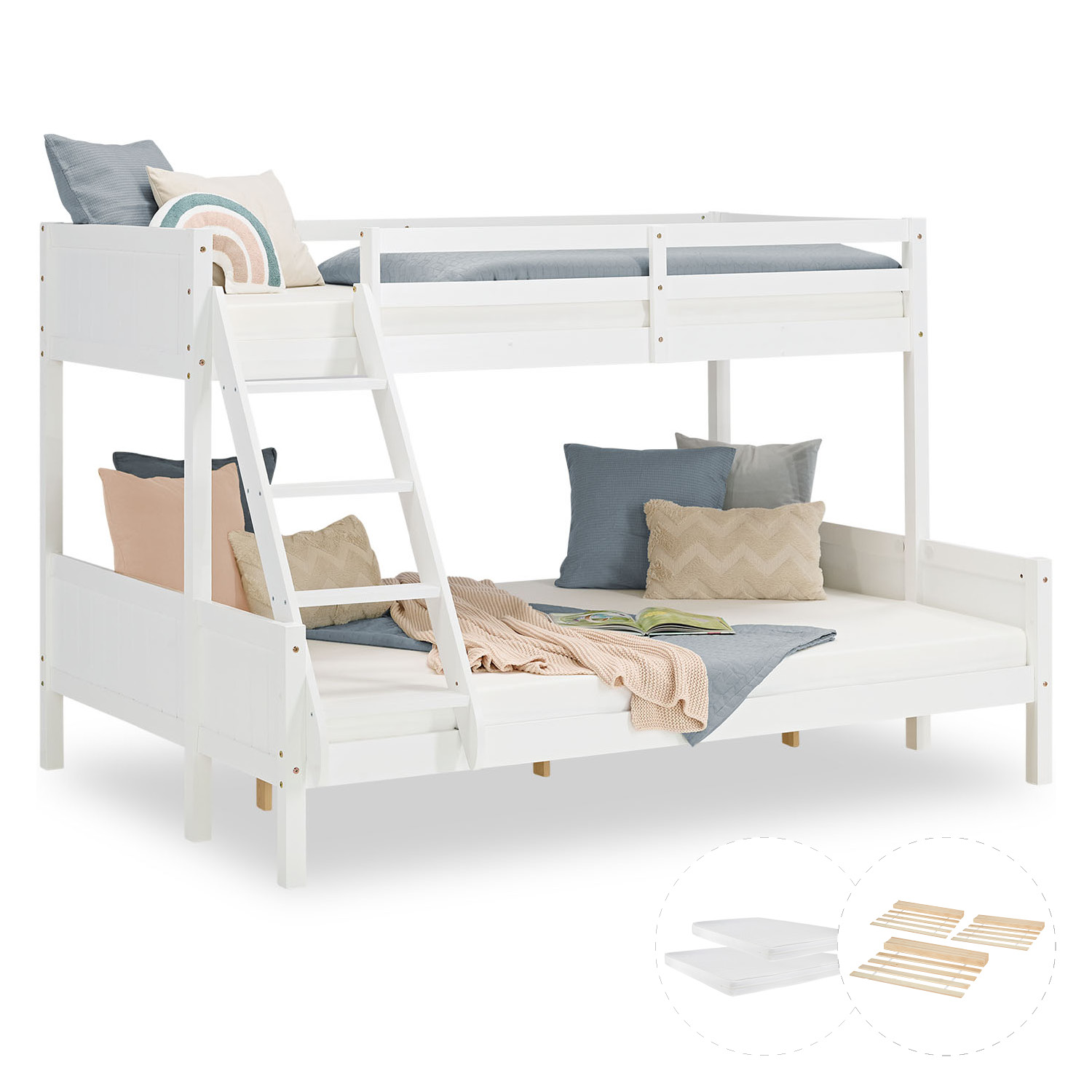Bunk Bed Kids Bed 90x200 and 140x200 cm White Grey 2 Mattresses Wood Cabin Bed High Sleeper Bed Loft Bed Childrens Bed Twin Bed Drawer