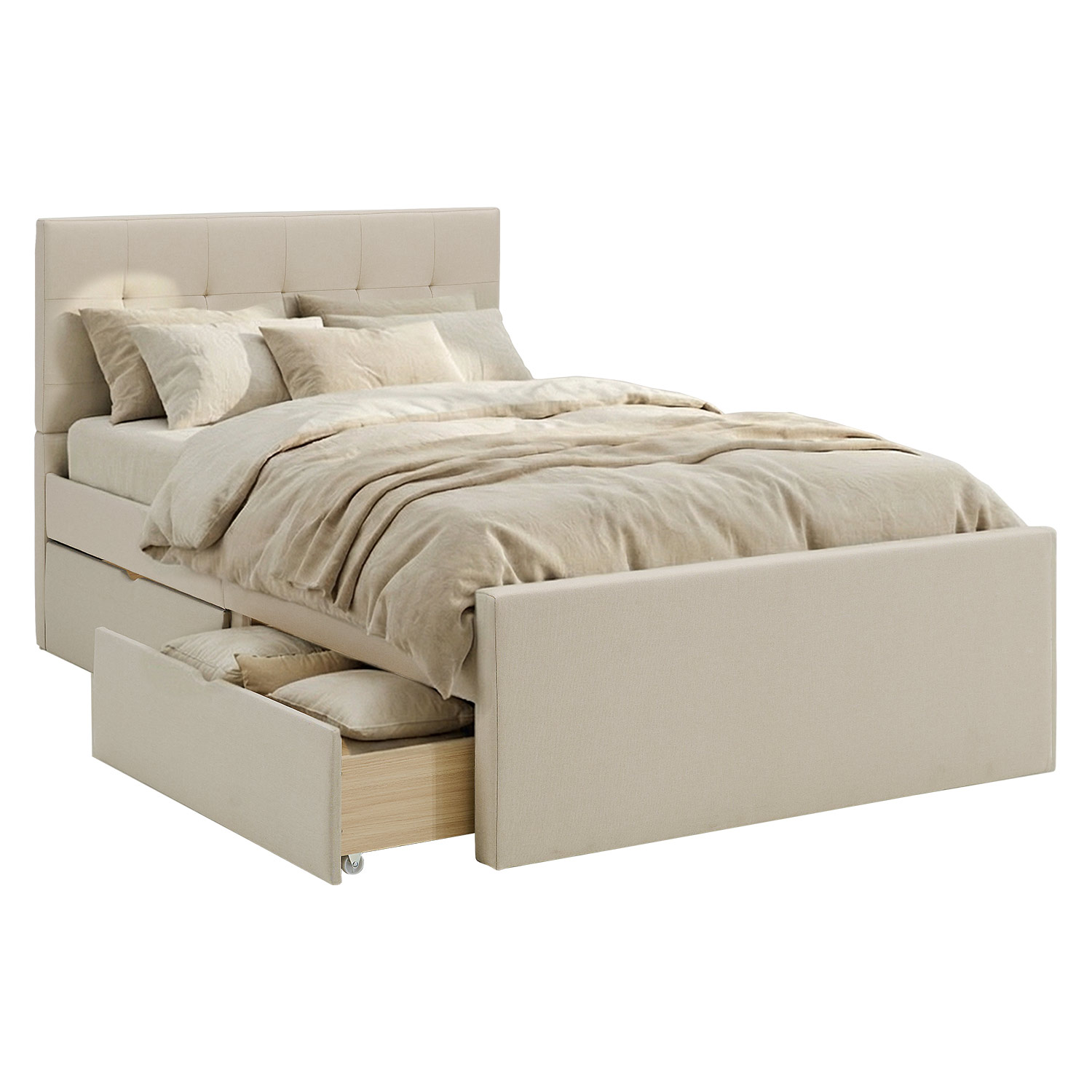 Upholstered bed 120x200 cm beige | with slatted frame | with 2 bed drawers | double fabric bed frame