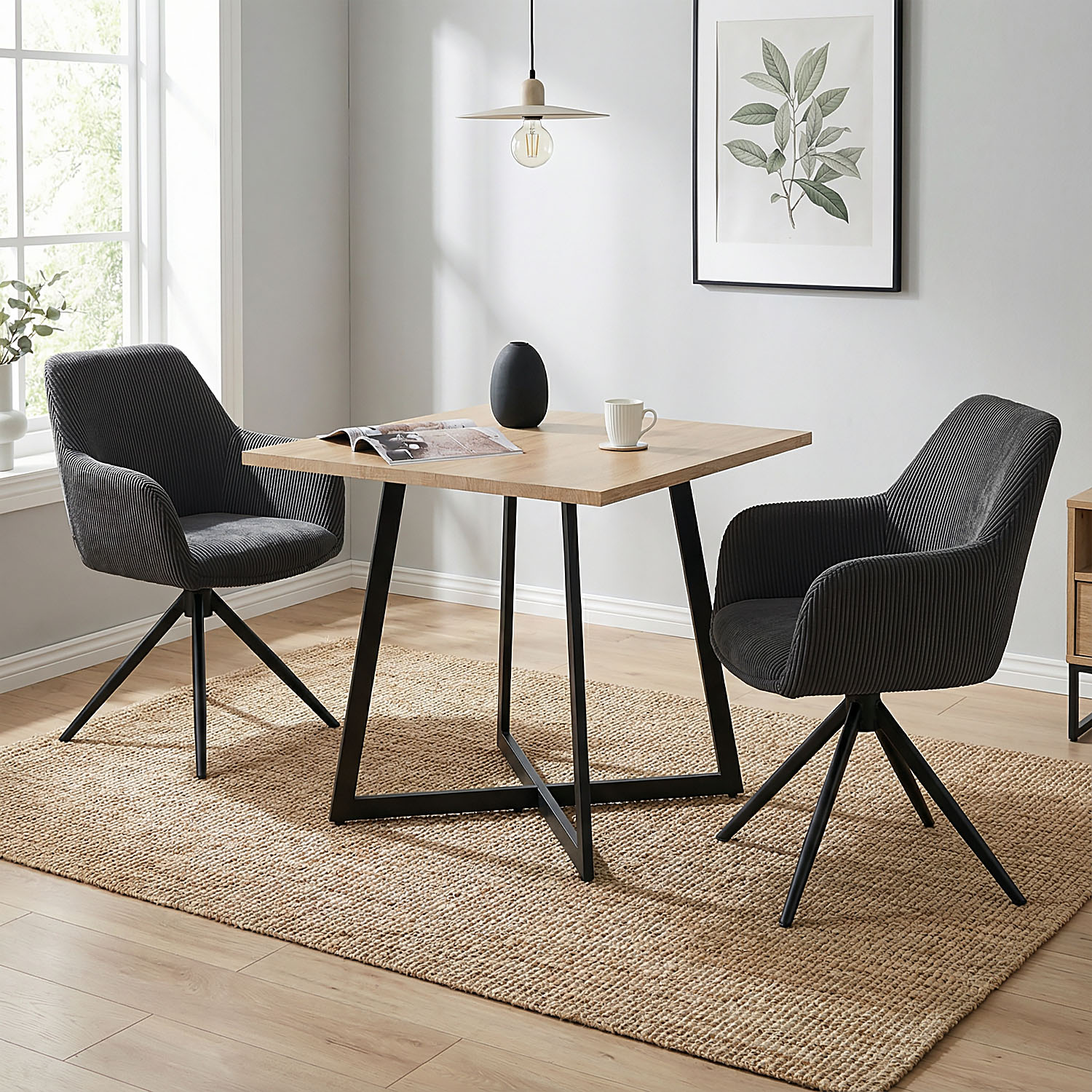 Modern Dining Table Kitchen Table Wooden Table 80x80 cm Oak Black Metal 4 Seater