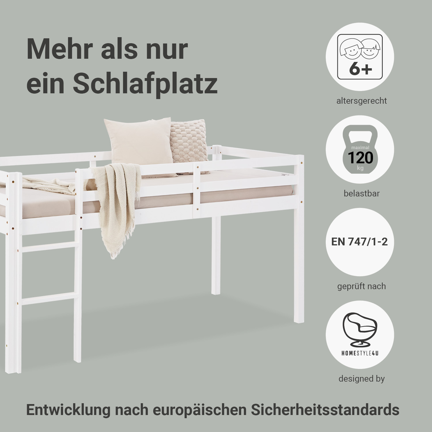 Loft bed with mattress and slatted frame, 90x200 cm, children's bed, white, solid wood