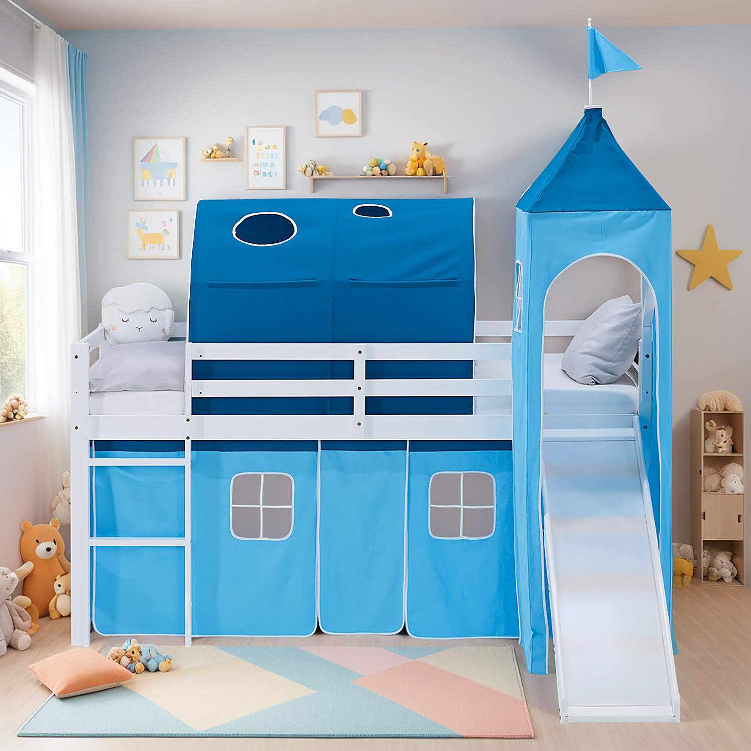 Loft Bed for Kids 90x200 cm White with Curtain in Blue | Slide | Tower | Tunnel | with Slatted Frame and Mattress