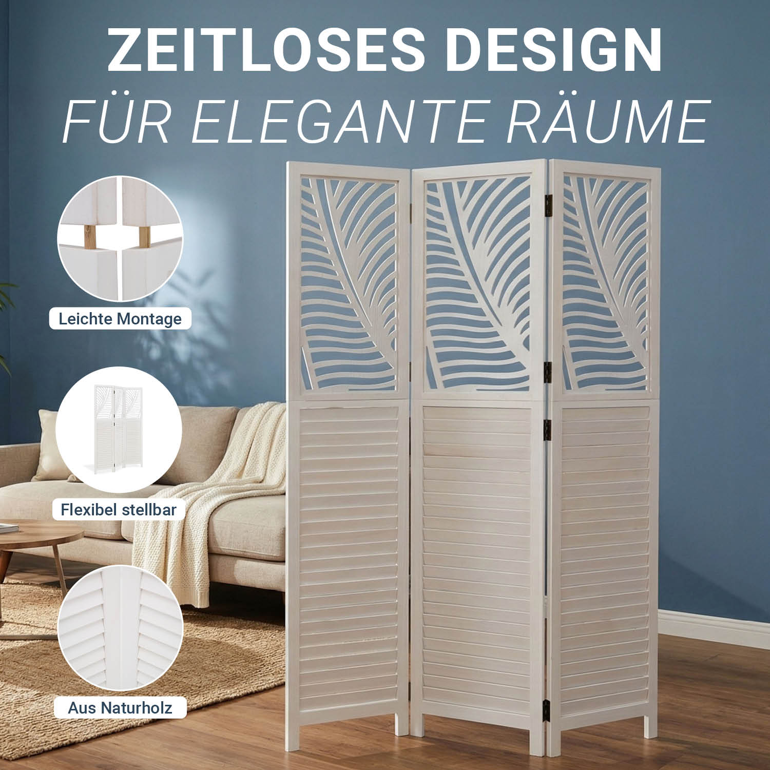 Paravent White Rattan-Style Decorations | 3-panel | Wood | Room Divider Partition Privacy Screen