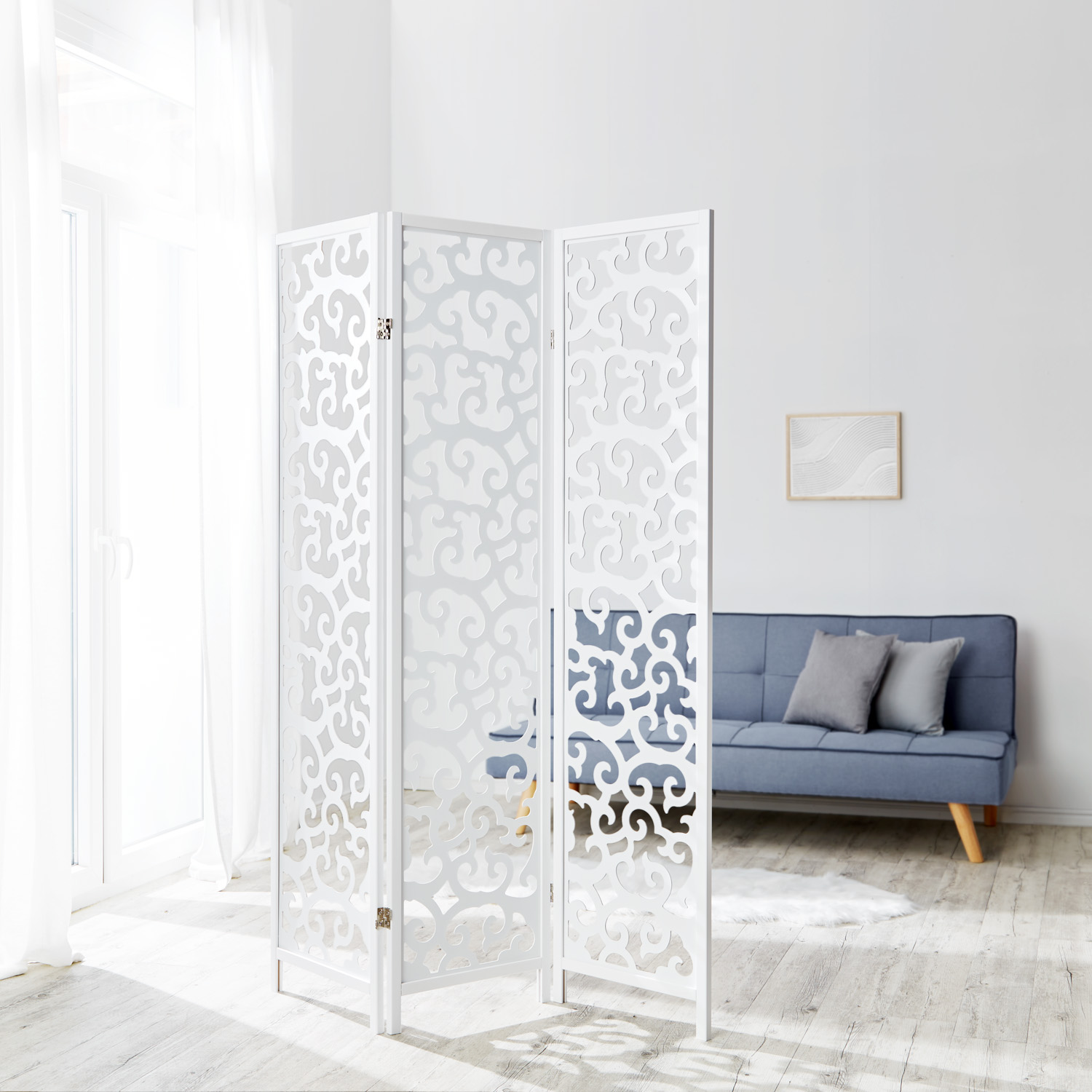 Paravent White with Decorations | 3-panel | Wood | Room Divider Partition Privacy Screen