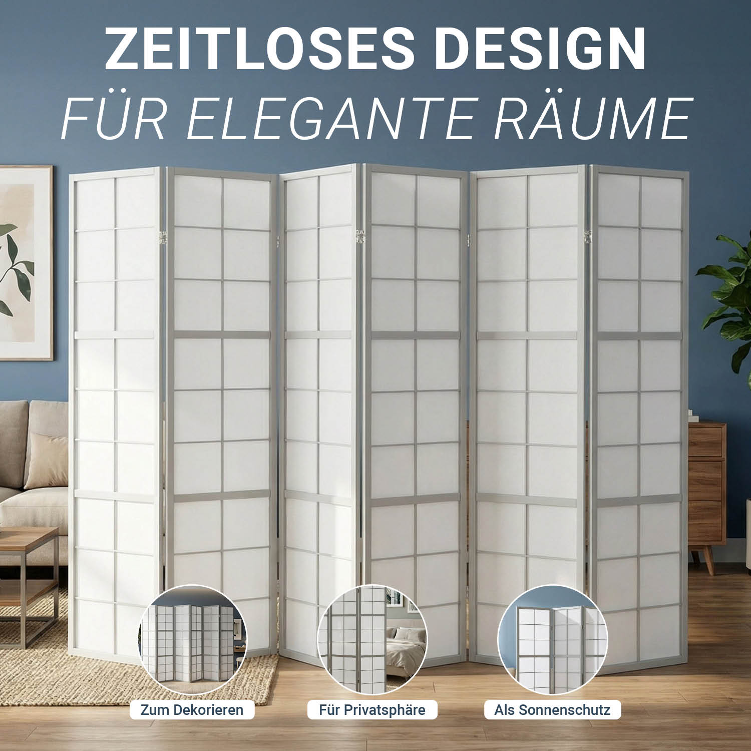 Paravent Grey Shoji | 6-panel | Wood | Room Divider | Partition Privacy Screen