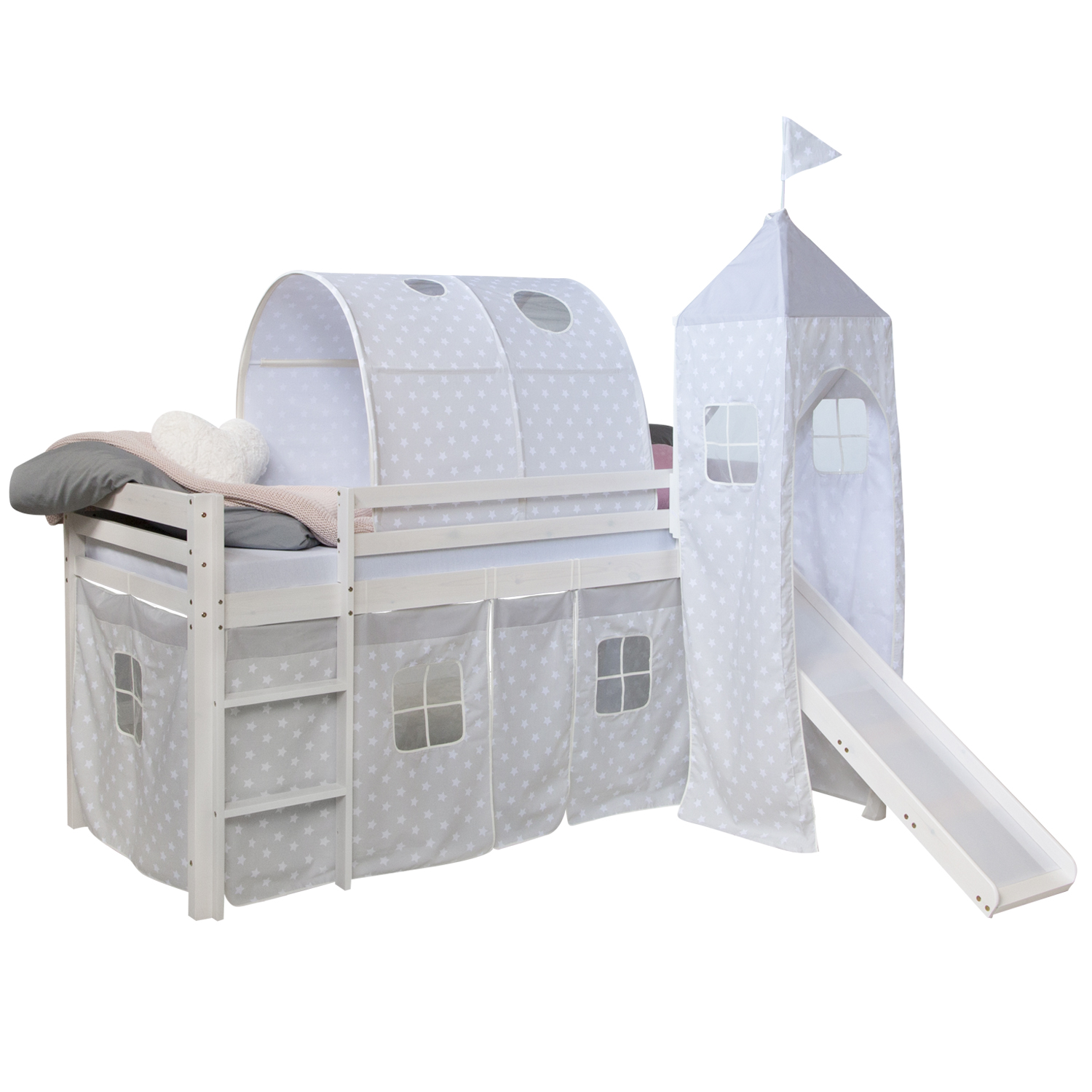 Loft Bed Kids 90x200 cm White with Curtain Stars | Tunnel | Tower | Slide | with Slatted Frame