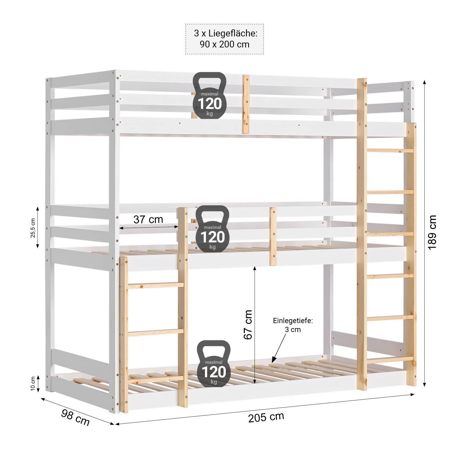 Bunk Bed 3 Levels 90x200 cm White | Ladders Natural | with Bed Drawer | with Slatted Frame