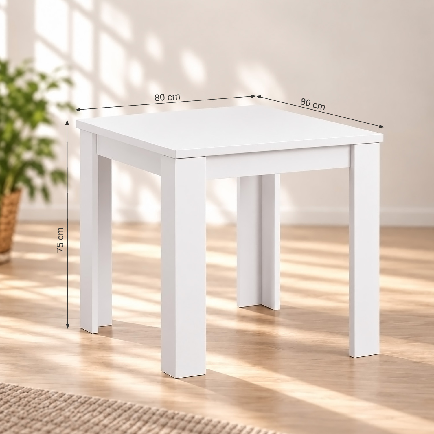 Dining Set (3-Piece): 80x80 cm white dining table with 2 grey plastic chairs and wooden legs