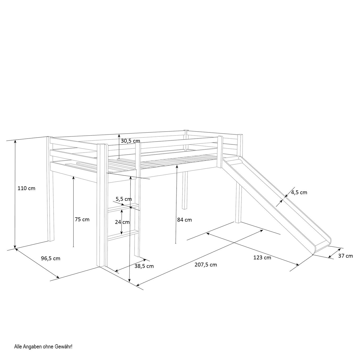 Loft Bed Kids 90x200 cm White with Curtain in Blue | Slide | without Slatted Frame Loft Bed Kids 90x200 cm White with Curtain in Pink | Slide | without Slatted Frame