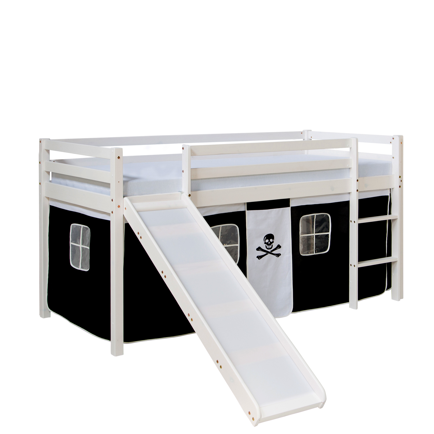 Loftbed 90x200 cm Bunk bed Childrens bed Solid Pine Wood Tower Tunnel Curtain Black Pirate Slide Mattress Slats